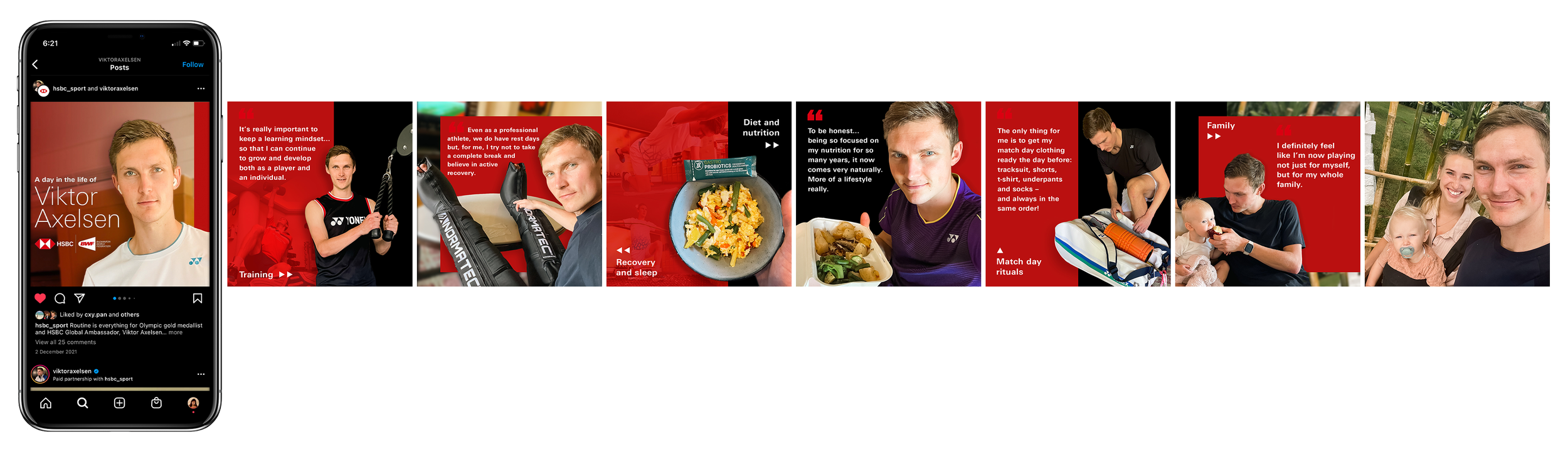 Instagram post featuring Viktor Axelsen, an Olympic gold medalist, showcasing his training routine, diet, and family moments, with diet meal and family photo.