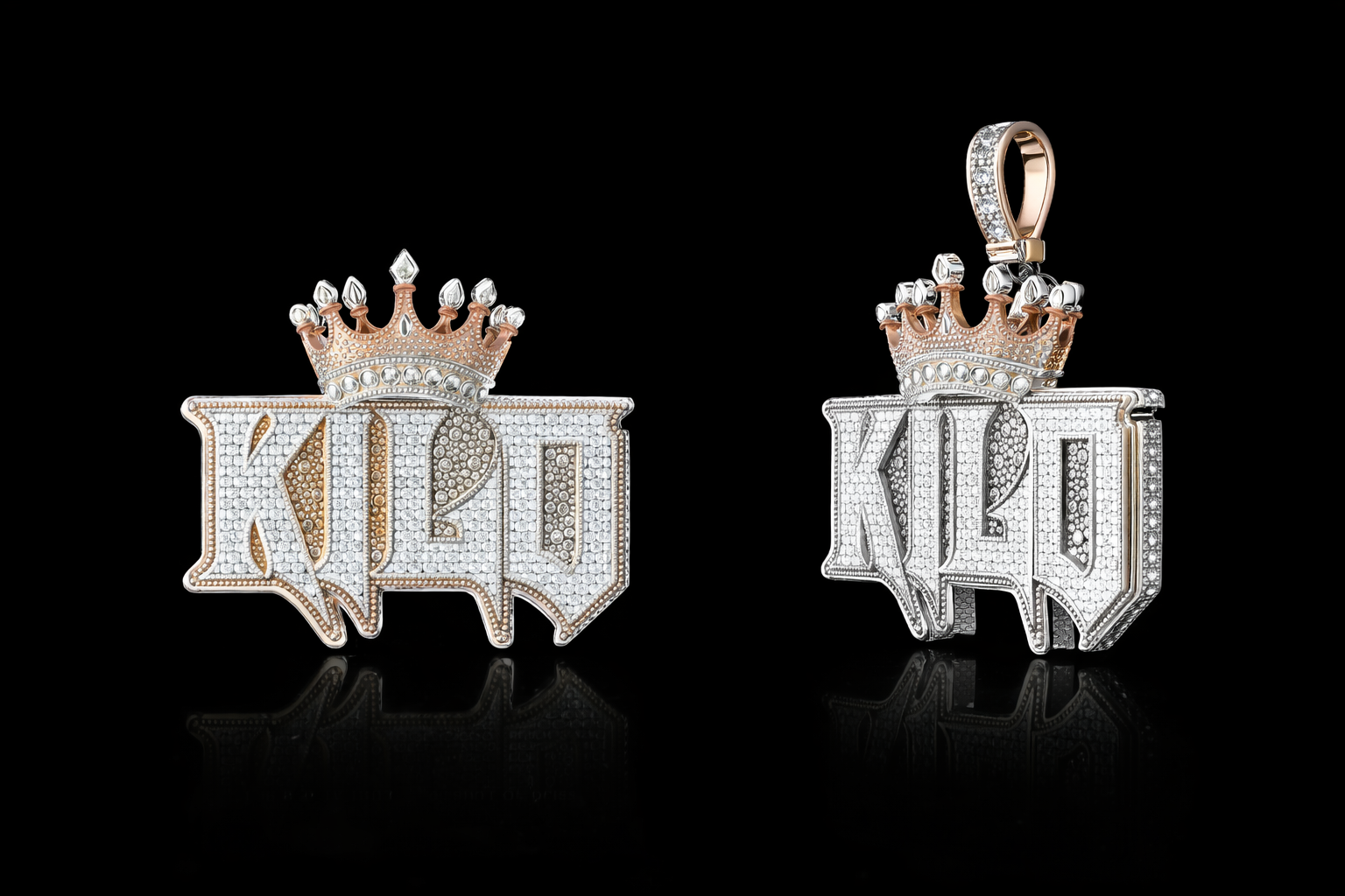 Clear stone custom jewelry – original diamond pendant by Clearstone. Two diamond-encrusted pendants with the word 'Kilo' in stylized lettering, topped with a small crown, set against a black background.