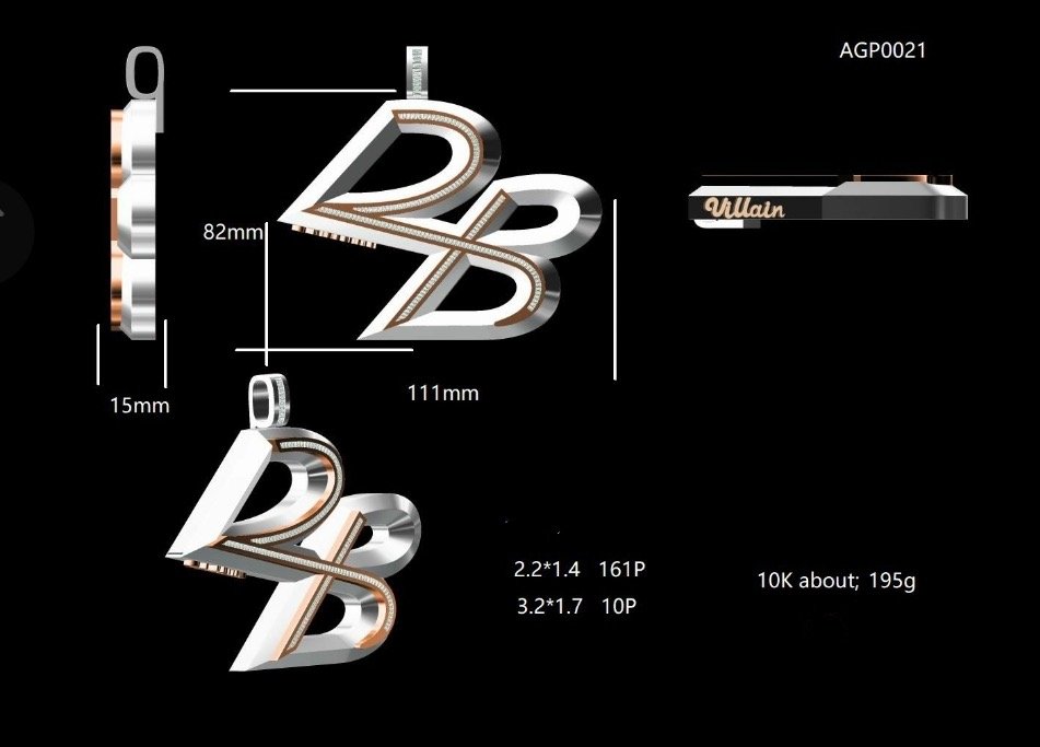 Technical diagram of a metallic letter logo, showing measurements and specifications for design and size.