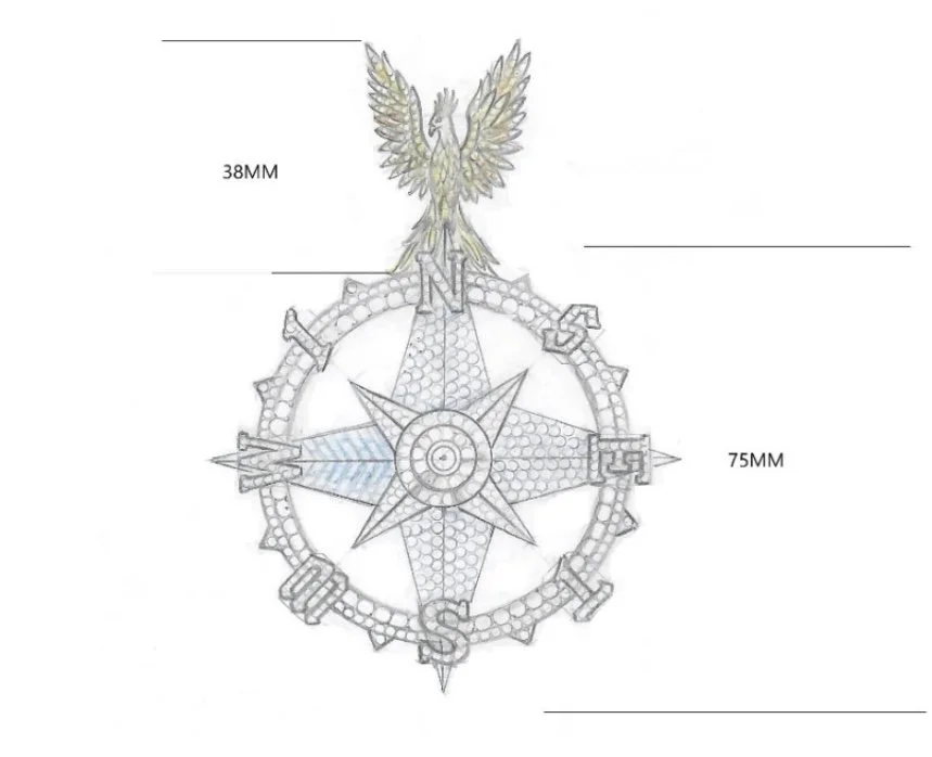 Drawing of a badge or emblem featuring an eagle at the top, a compass rose in the center, and various decorative elements, with dimensions labeled as 38mm and 75mm.