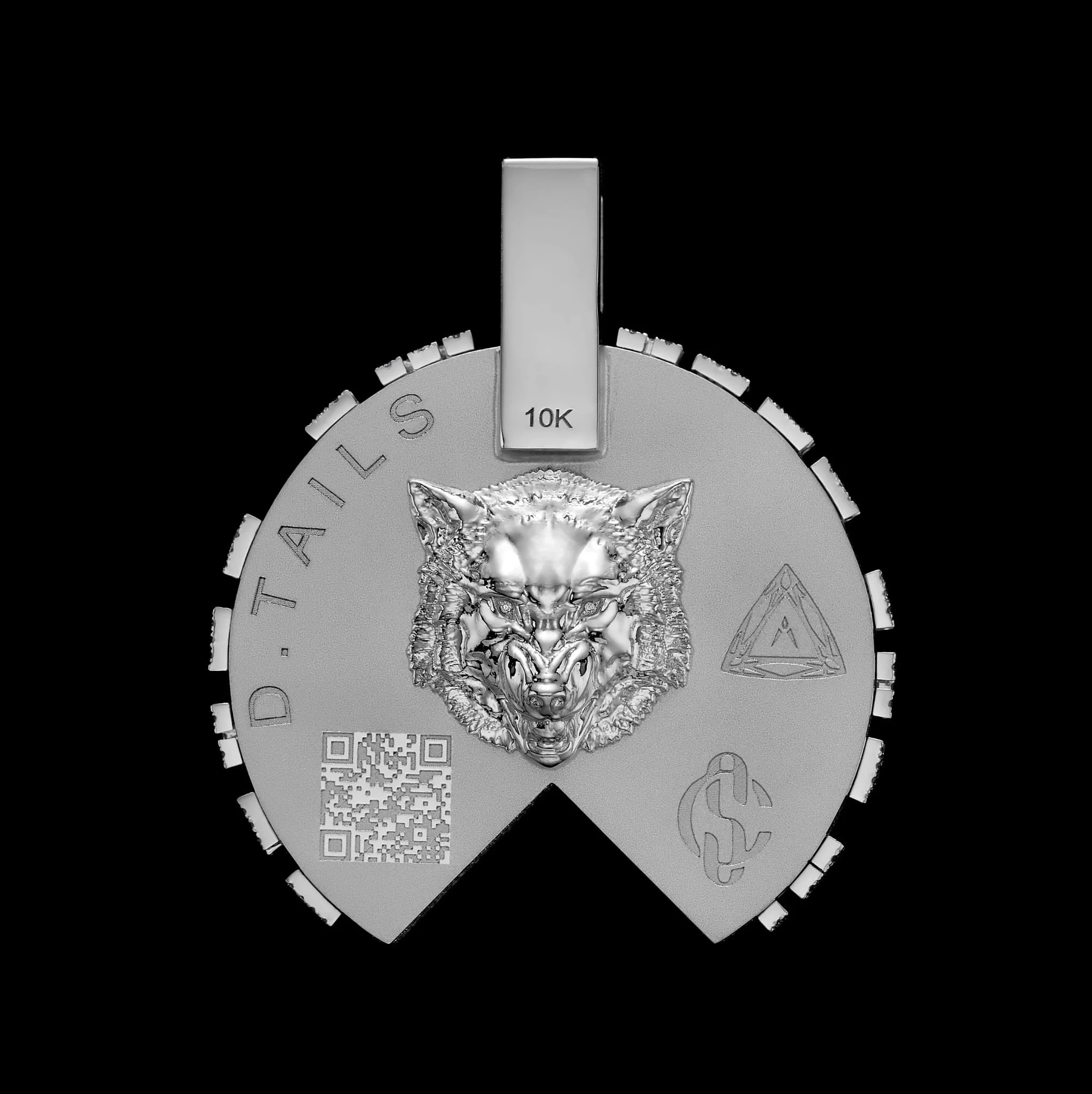 Silver coin featuring a detailed wolf's head engraving, a QR code, and symbols including 'D.TAILS' and '10K' against a black background.