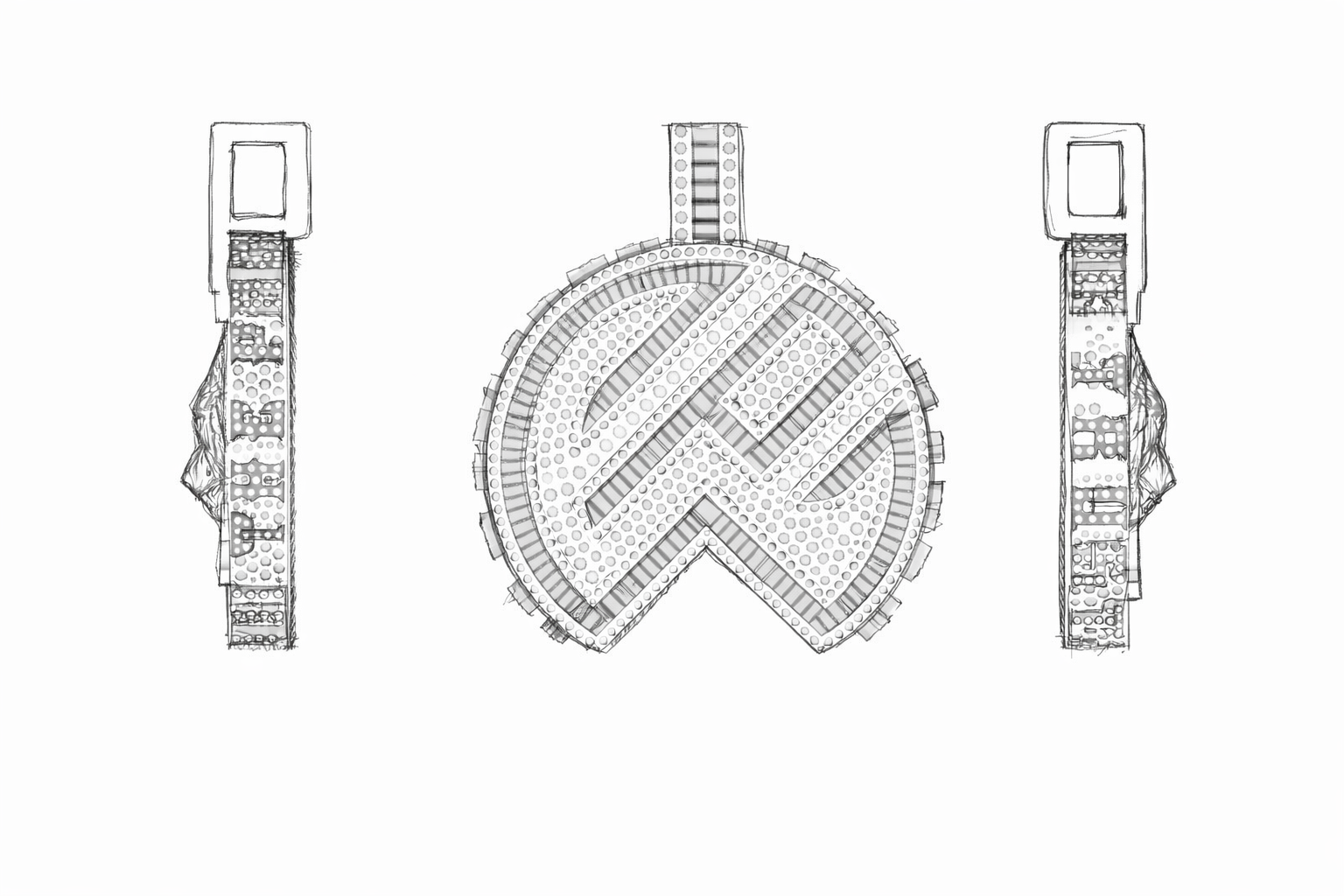 Black and white architectural sketches of a modern building, showing a circular central structure with patterned design and two rectangular towers on either side.