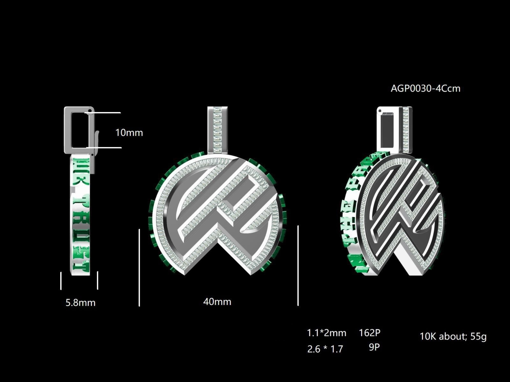 Three jewelry pendants displayed against a black background, with measurements and specifications. The left pendant features the letters 'L' and 'K' with green and white design, measuring 5.8mm by 10mm. The middle and right pendants are round with diamond accents, labeled as AGP0030-4Ccm, 40mm in diameter, with detailed specifications including gemstone size, carat total weight, and weight of approximately 55 grams.