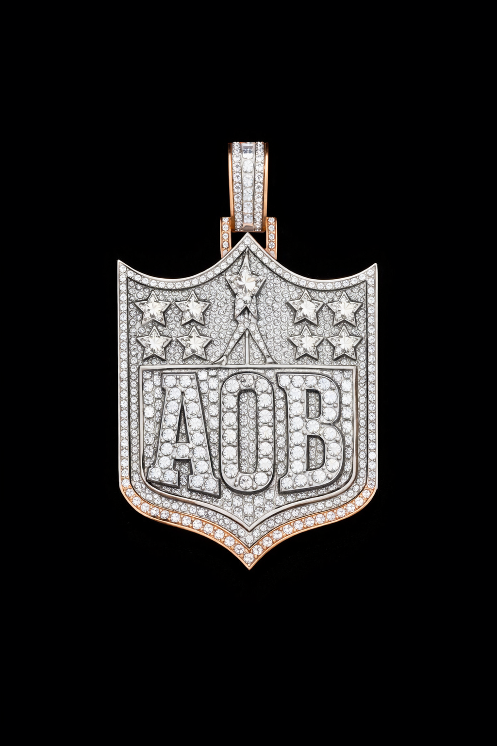 Clear stone custom jewelry – original diamond pendant by Clearstone.A pendant in the shape of a shield featuring the NFL logo, with the word 'AOB', embedded with numerous diamonds and decorative elements, against a black background.
