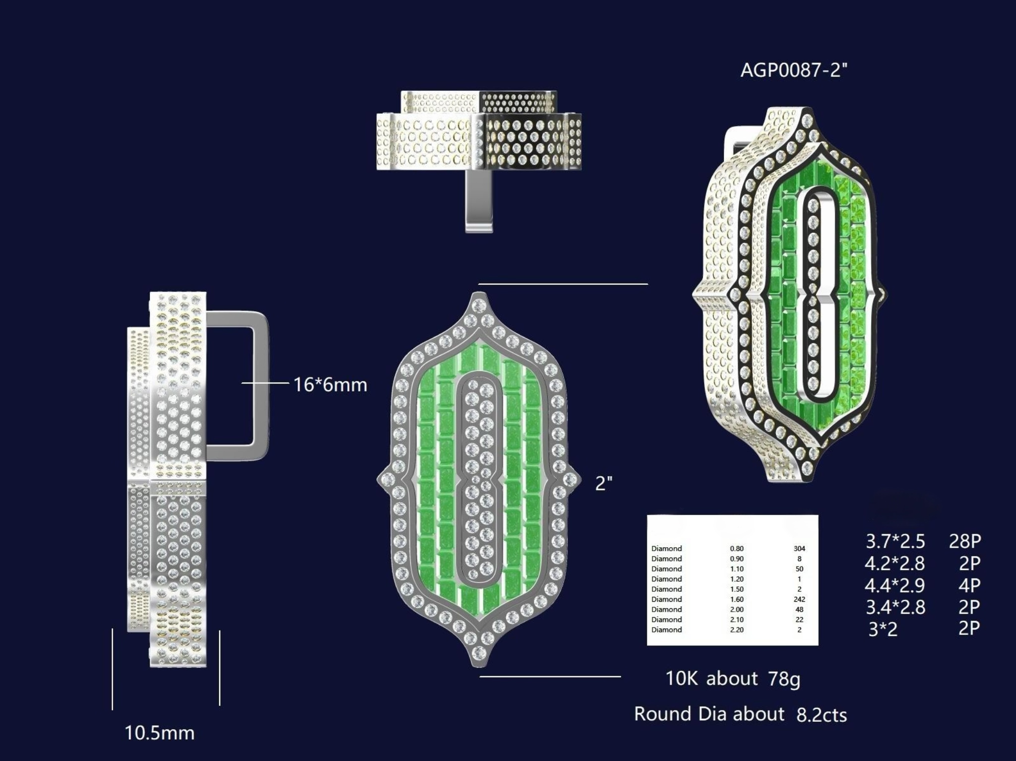 Diagram showcasing the design and measurements of a diamond-encrusted jewelry piece, featuring details about diamond sizes, shapes, and arrangement, with specifications for dimensions and weight.