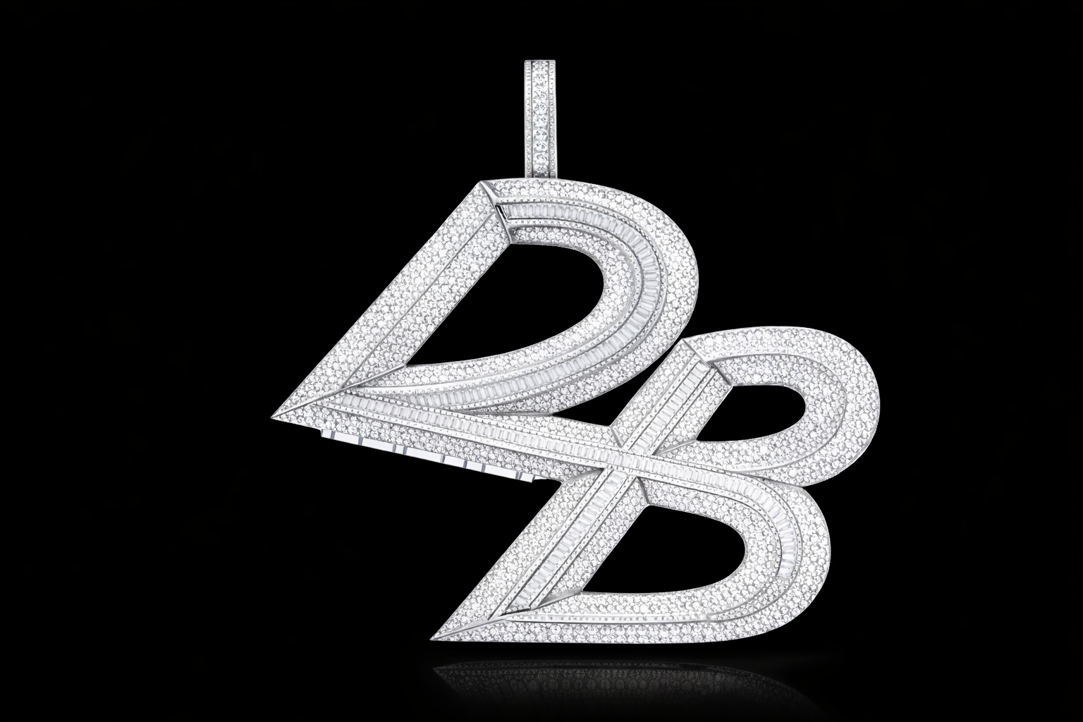 A silver pendant in the shape of a dollar sign, adorned with numerous small diamonds, set against a black background.