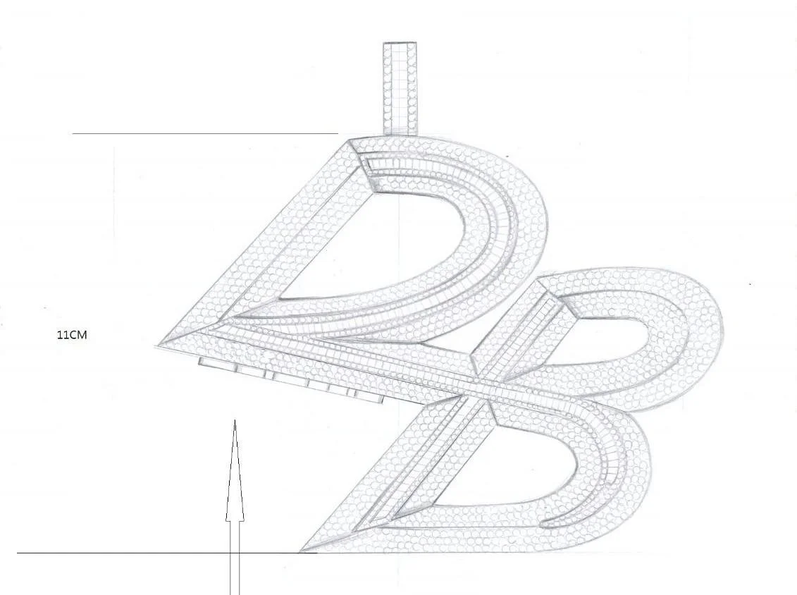 Technical drawing of a 3D letter 'B' with detailed measurements and design elements.