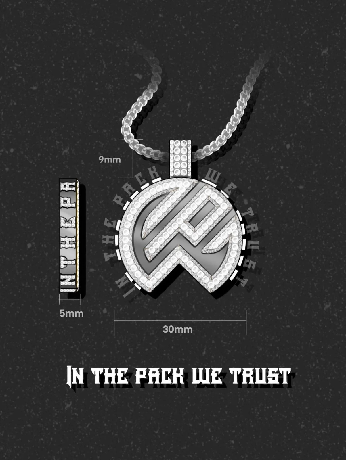 A diamond pendant necklace featuring a circular charm with a stylized logo, with measurements indicating 30mm diameter and 9mm height, attached to a chain. The background is black with small white specks, and text at the bottom reads 'In the pack we trust'.