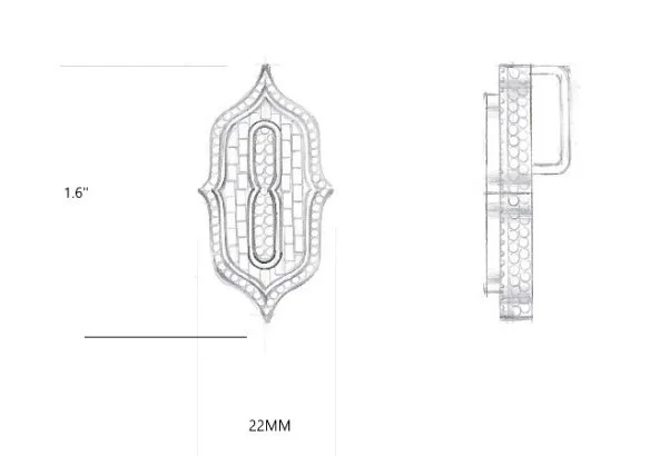 Detailed technical drawing of an ornate, symmetrical jewelry component with measurements in inches and millimeters.