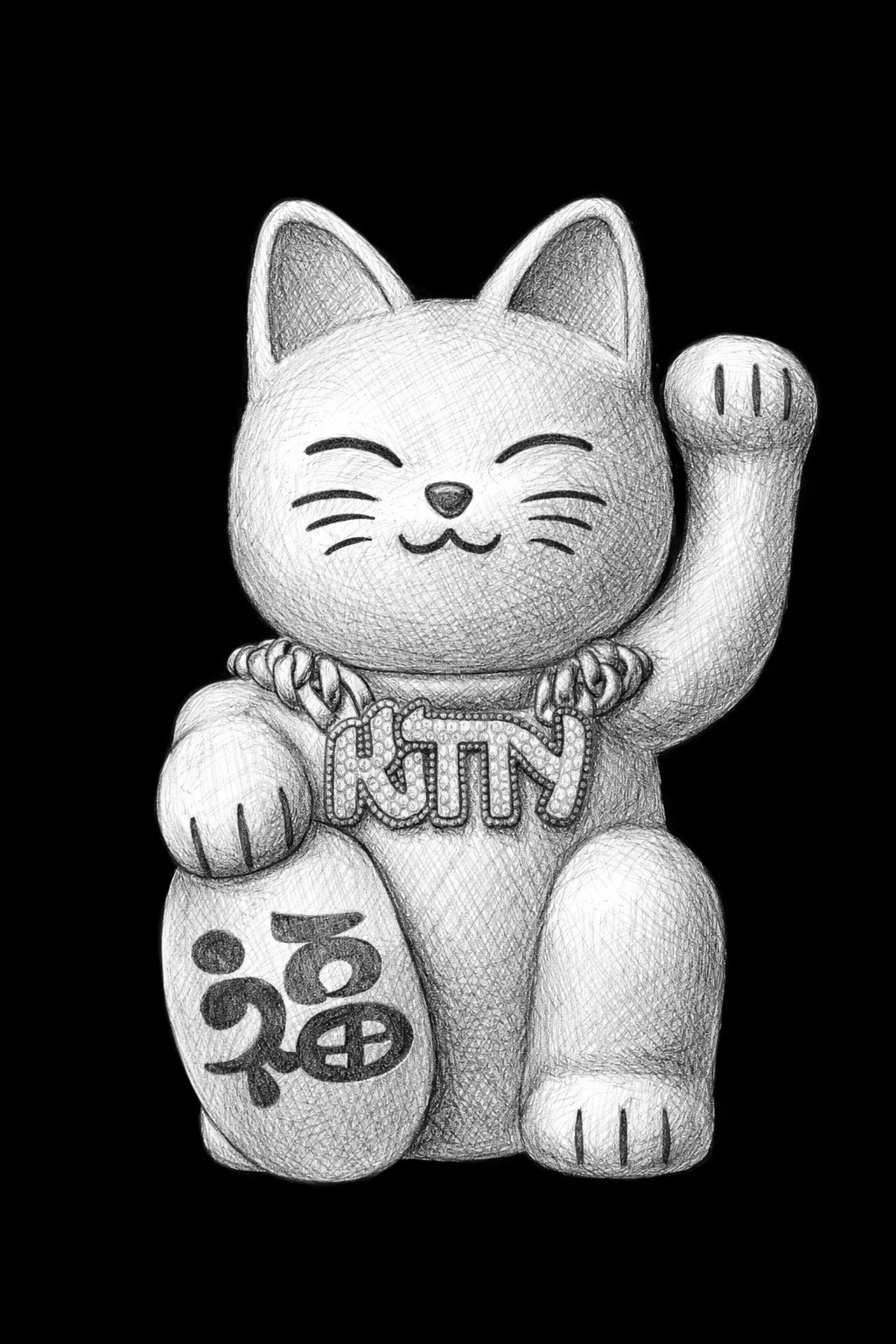 Sketch of a maneki-neko, a Japanese lucky cat figurine, with a raised paw. The cat wears a necklace with the word 'KITTY' and holds a coin with Chinese characters on it.