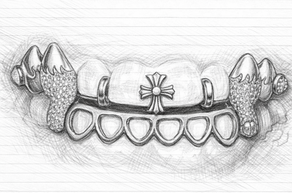 Sketch of a tiara with intricate designs, decorated with gemstones and a cross-shaped ornament in the center.
