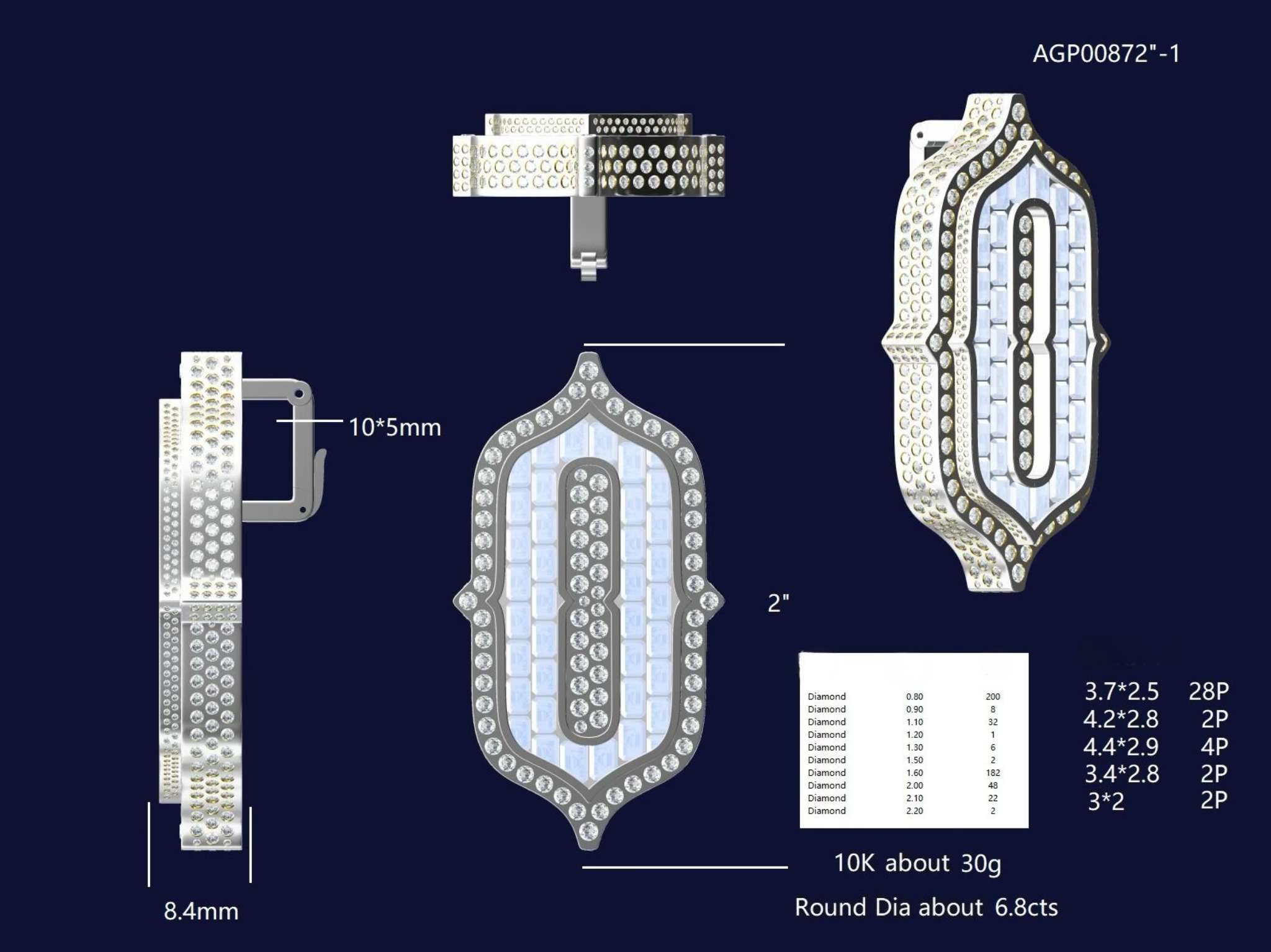 Diagram of a diamond jewelry piece with measurements and specifications, showing front, side, and top views, along with a size chart and materials details such as 10K gold, 30 grams, and 6.8 carats.