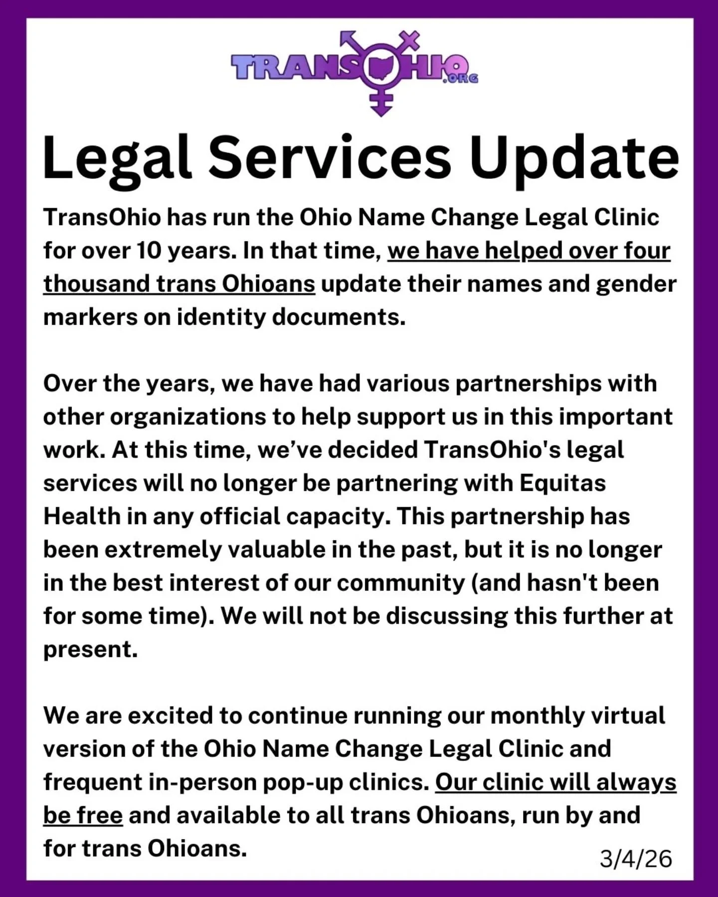 TransOhio Legal Services Update

TransOhio has run the Ohio Name Change Legal Clinic for over 10 years. In that time, we have helped over four thousand trans Ohioans update their names and gender markers on identity documents.

Over the years, we hav