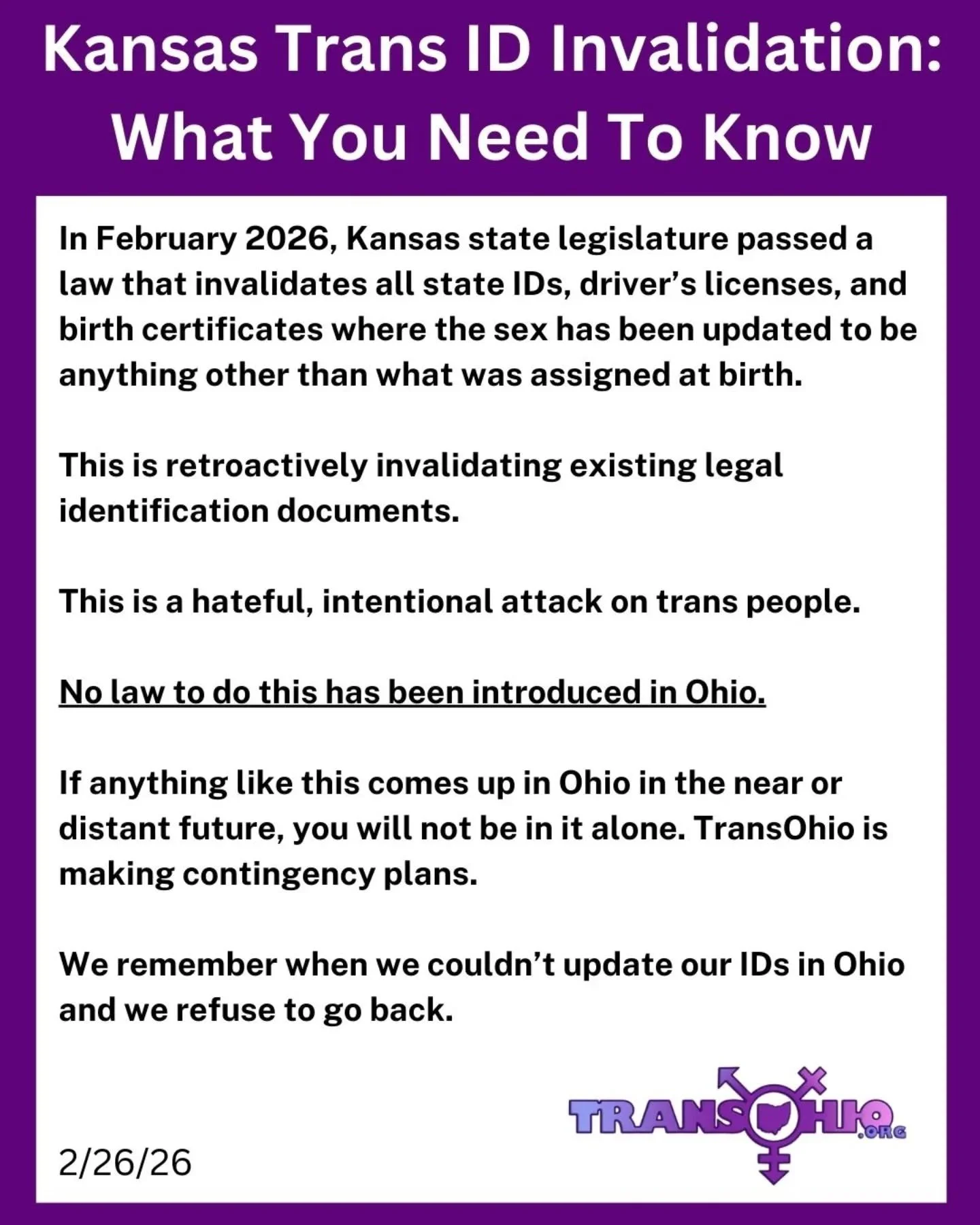 Kansas Trans ID Invalidation: What You Need To Know

In February 2026, Kansas state legislature passed a law that invalidates all state IDs, driver&rsquo;s licenses, and birth certificates if the sex has been updated to be anything other than what wa