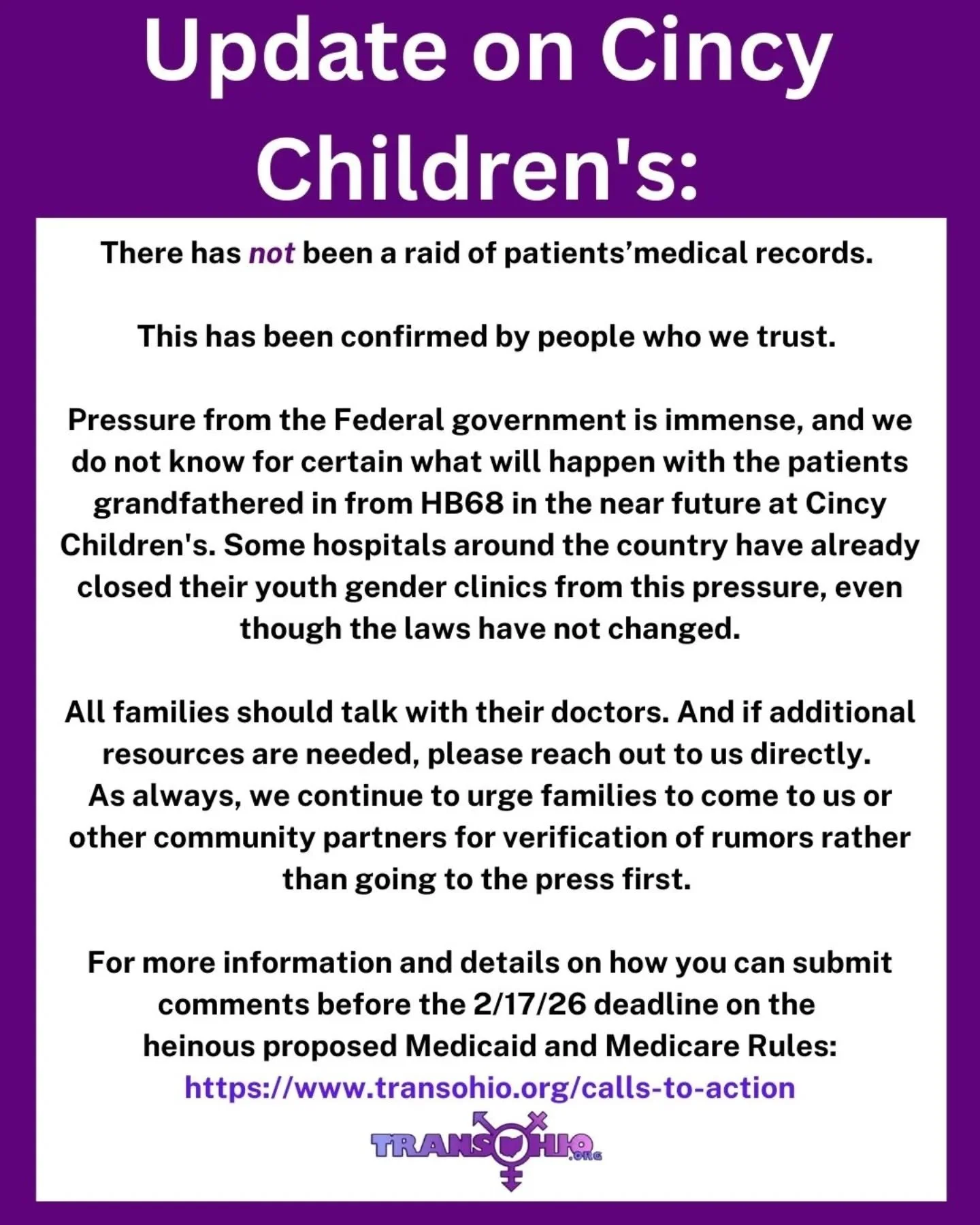Update on Cincy Children's:

There has not been a raid of patients' medical records.

This has been confirmed by people who we trust.

Pressure from the Federal government is immense, and we do not know for certain what will happen with the patients 