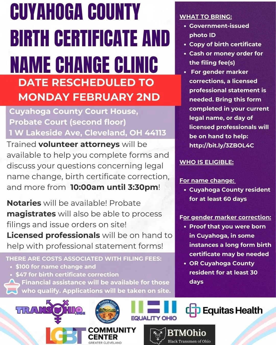 After discussing the possibility of the court being closed on 1/26 with court personnel we have made the decision to move the clinic to Monday February 2nd. We are sorry for any inconvenience, but ultimately decided it was better to reschedule with n