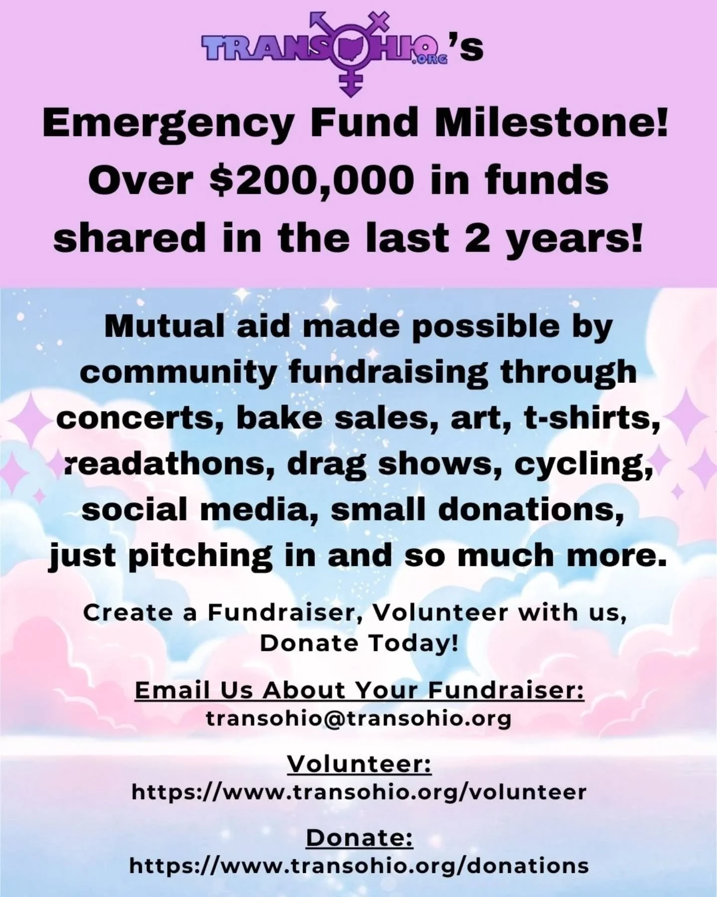 TransOhio&rsquo;s Emergency Fund Milestone!
Over $200,000 in funds shared in the last 2 years!

Mutual aid made possible by community fundraising through concerts, bake sales, art, t-shirts, readathons, drag shows, cycling, social media, small donati