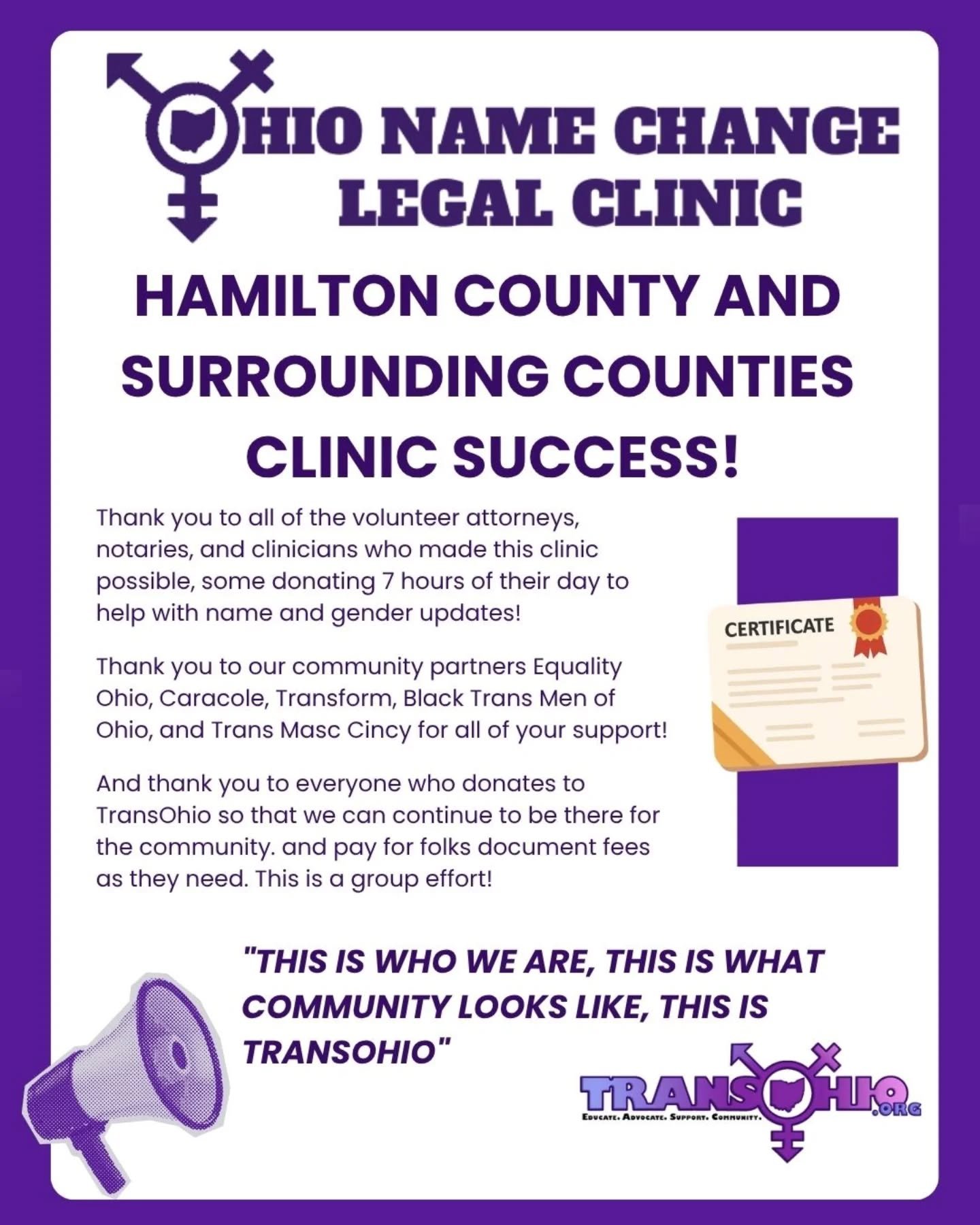 Hamilton County and Surrounding Counties Clinic Success!

Thank you to all of the volunteer attorneys, notaries, and clinicians who made this clinic possible, some donating 7 hours of their day to help with name and gender updates!

Thank you to our 