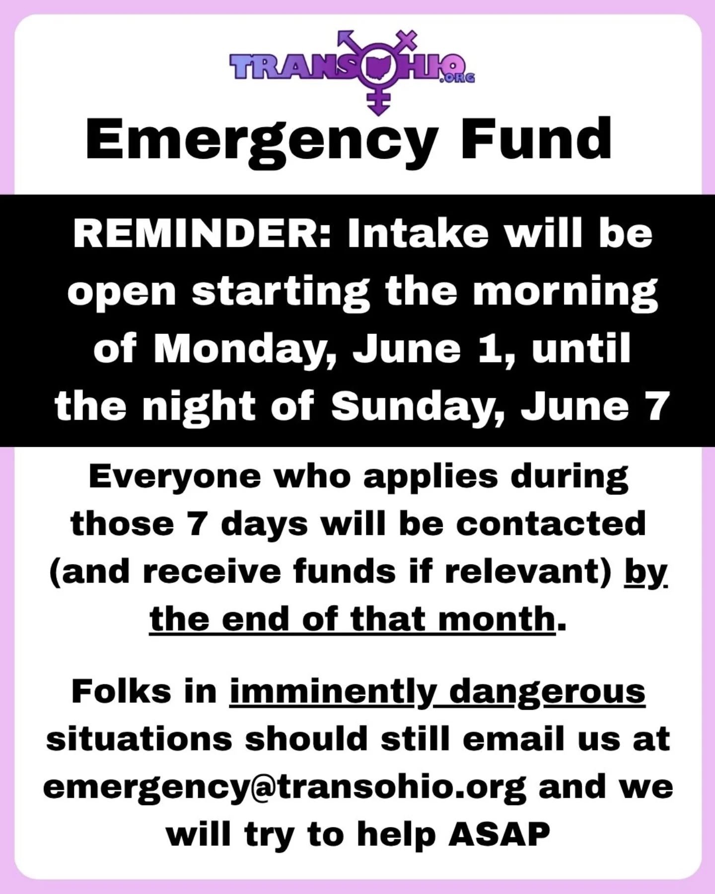 Emergency Fund;

REMINDER: Intake will be open starting the morning of Monday, June 1, until the night of Sunday, June 7

The intake form will now be open only during the first week of the month (1st through the 7th). 

Everyone who applies during th