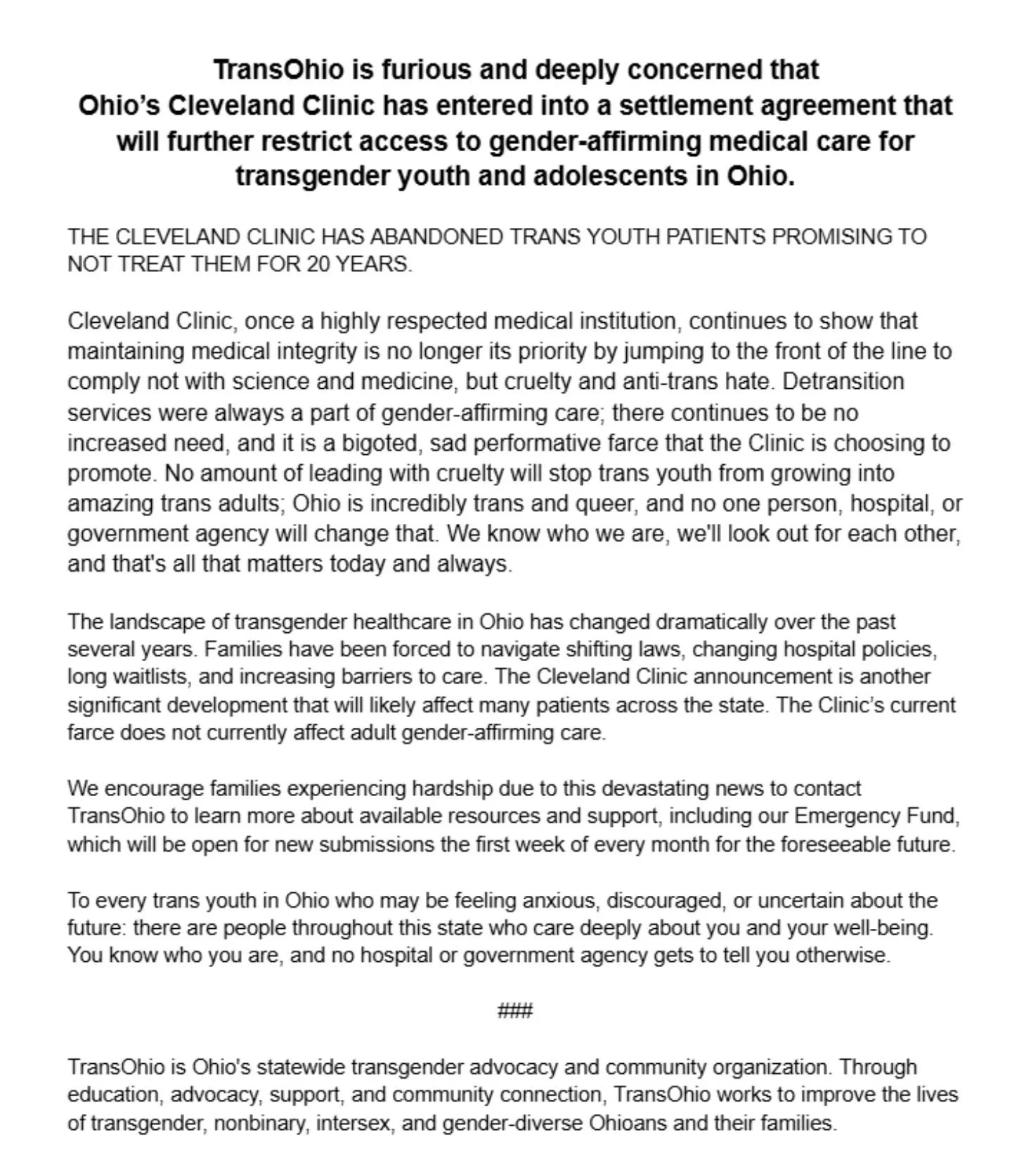 TransOhio is furious and deeply concerned that&nbsp;
Ohio&rsquo;s Cleveland Clinic has entered into a settlement agreement that will further restrict access to gender-affirming medical care for transgender youth and adolescents in Ohio.&nbsp;

THE CL