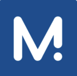 Stylized white letter 'M' with a dot on a blue background