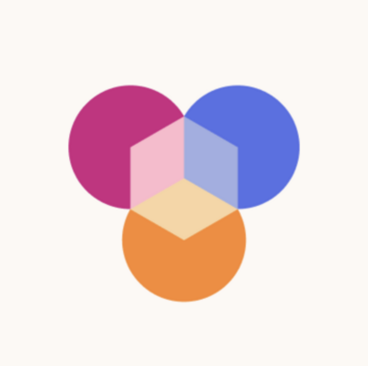 Three overlapping circles in magenta, blue, and orange forming a hexagonal pattern.
