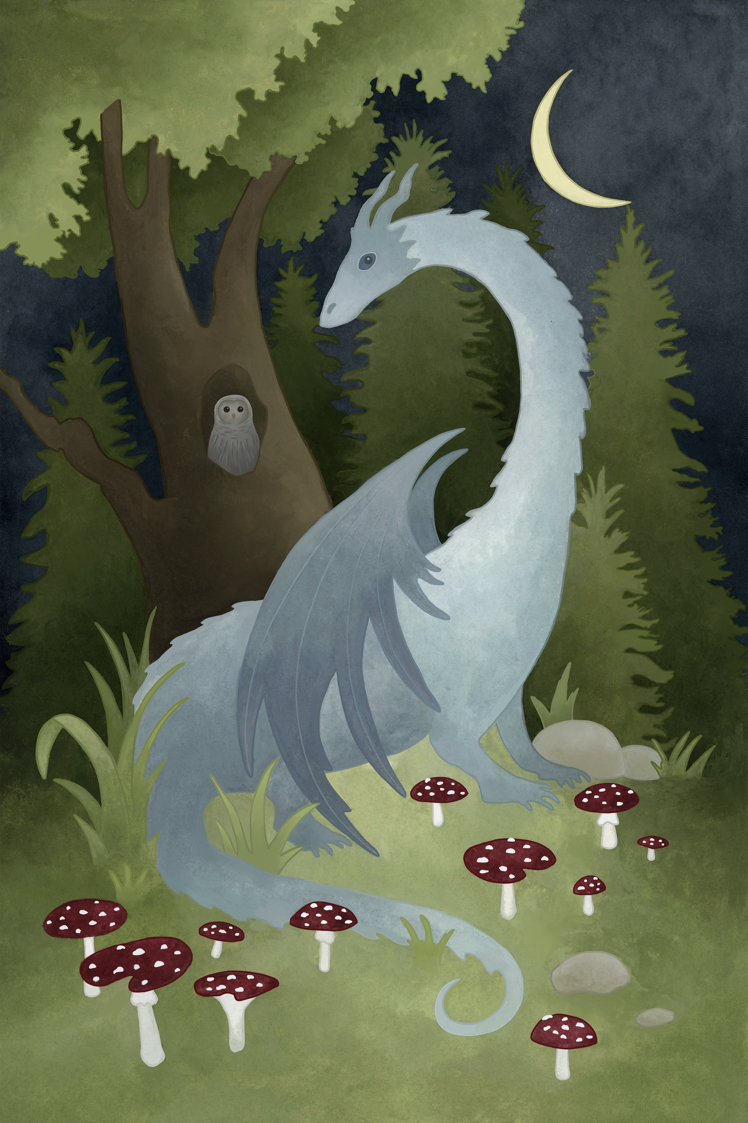 A mystical illustration of a white dragon with blue accents, standing in a forest at night. The dragon is near a tree with a small owl peeking out. A crescent moon shines in the sky, and red mushrooms with white spots grow at the dragon's feet.