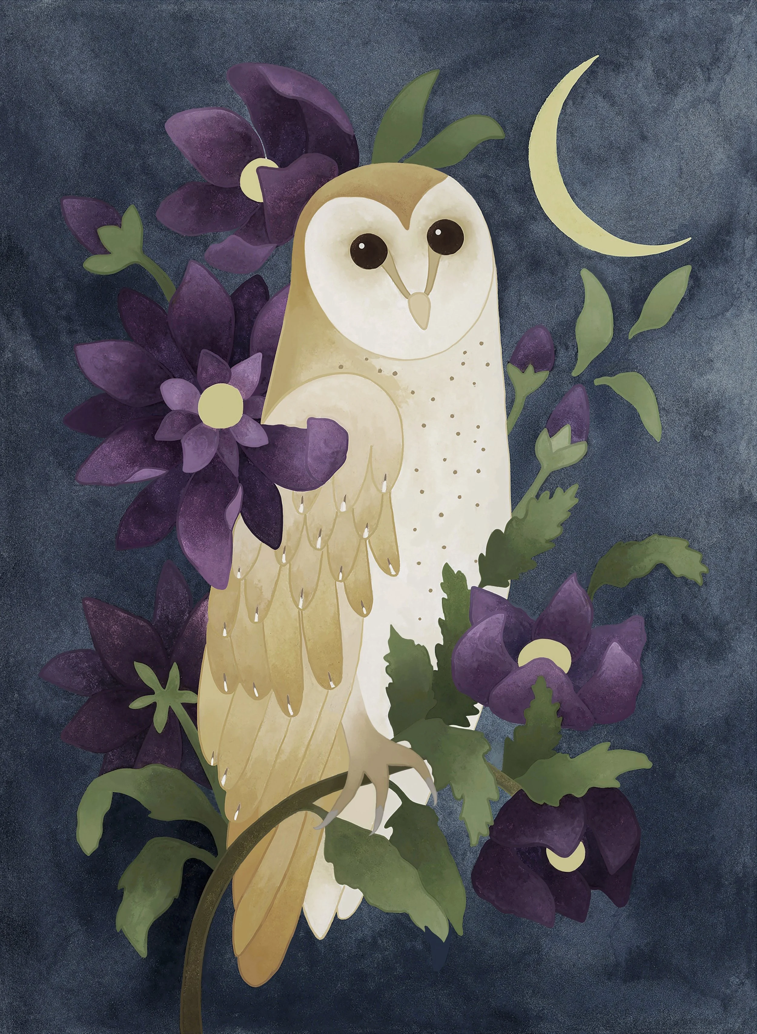 Gouache painting of a barn owl standing among purple hellebore flowers and green leaves, with a dark blue background and a yellow crescent moon in the sky.