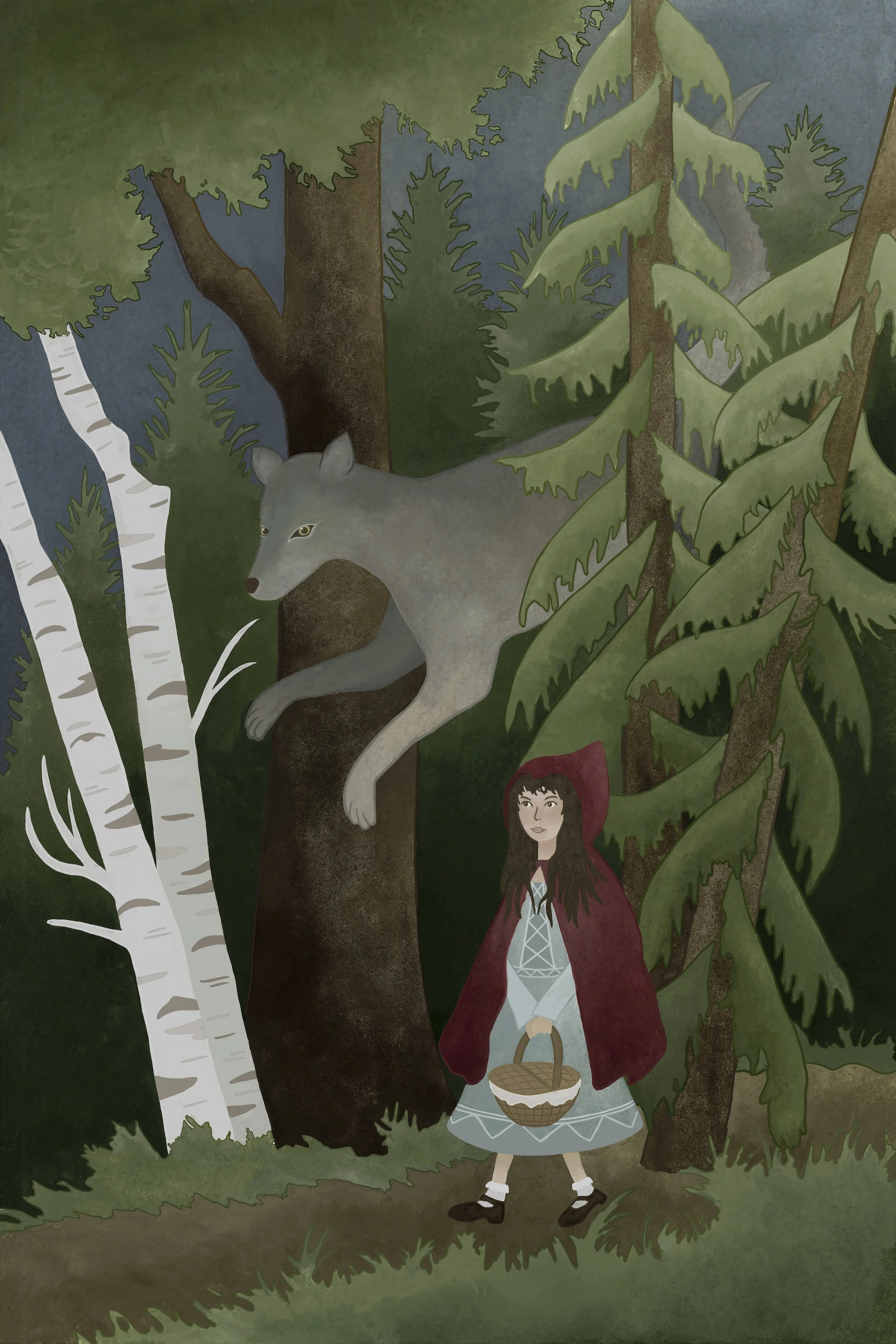 A woman with long brown hair wearing a red hooded cloak, gray dress, black shoes, and white socks, is walking through a forest carrying a basket. She is walking past a gray wolf hiding behind a tree, and the background shows dense green trees and fol