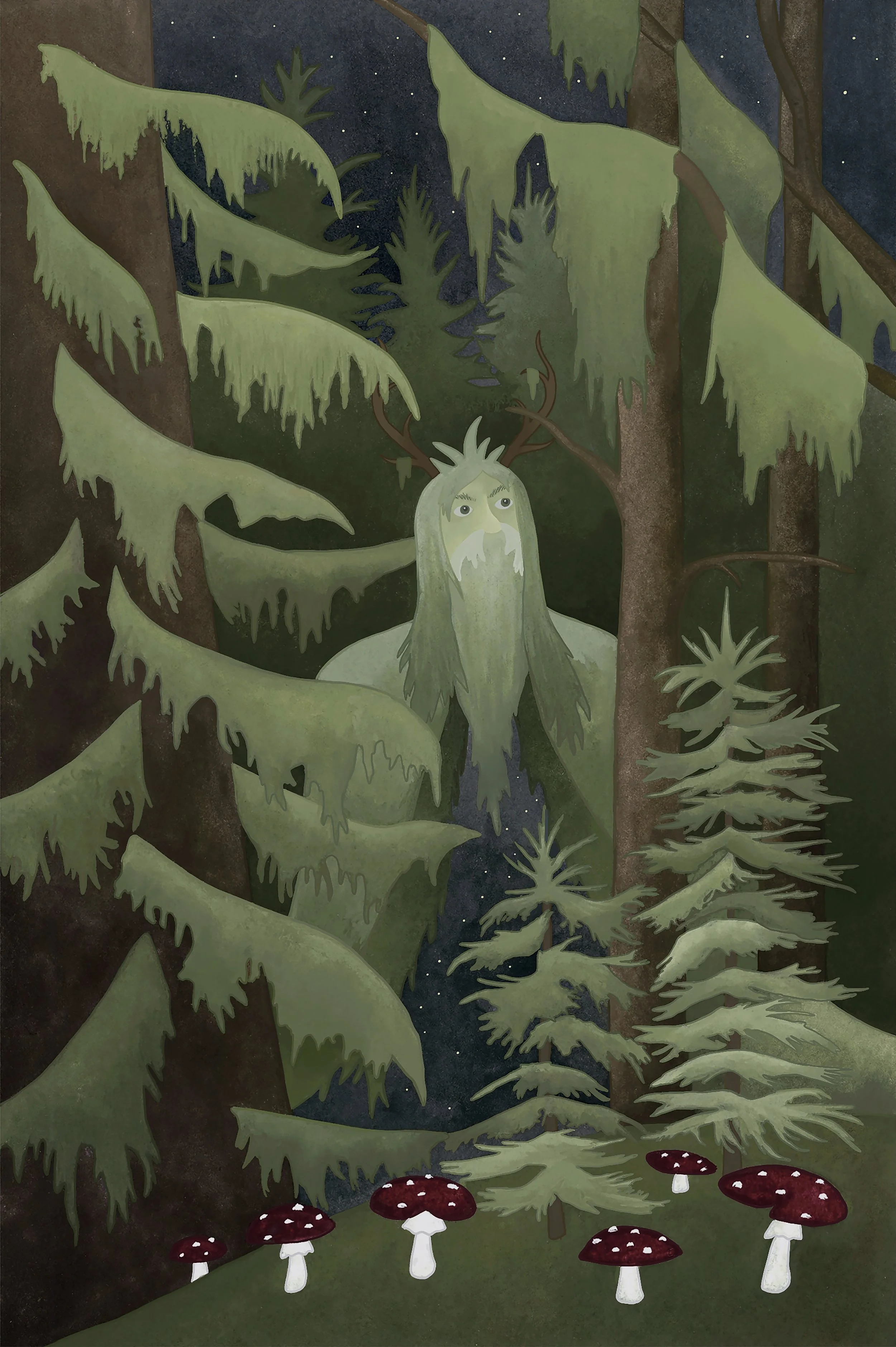 Illustration of a forest scene at night with a mythical creature that has the body of a deer, a face with a beard, and antlers, surrounded by tall trees with moss-covered branches and red and white mushrooms on the ground.
