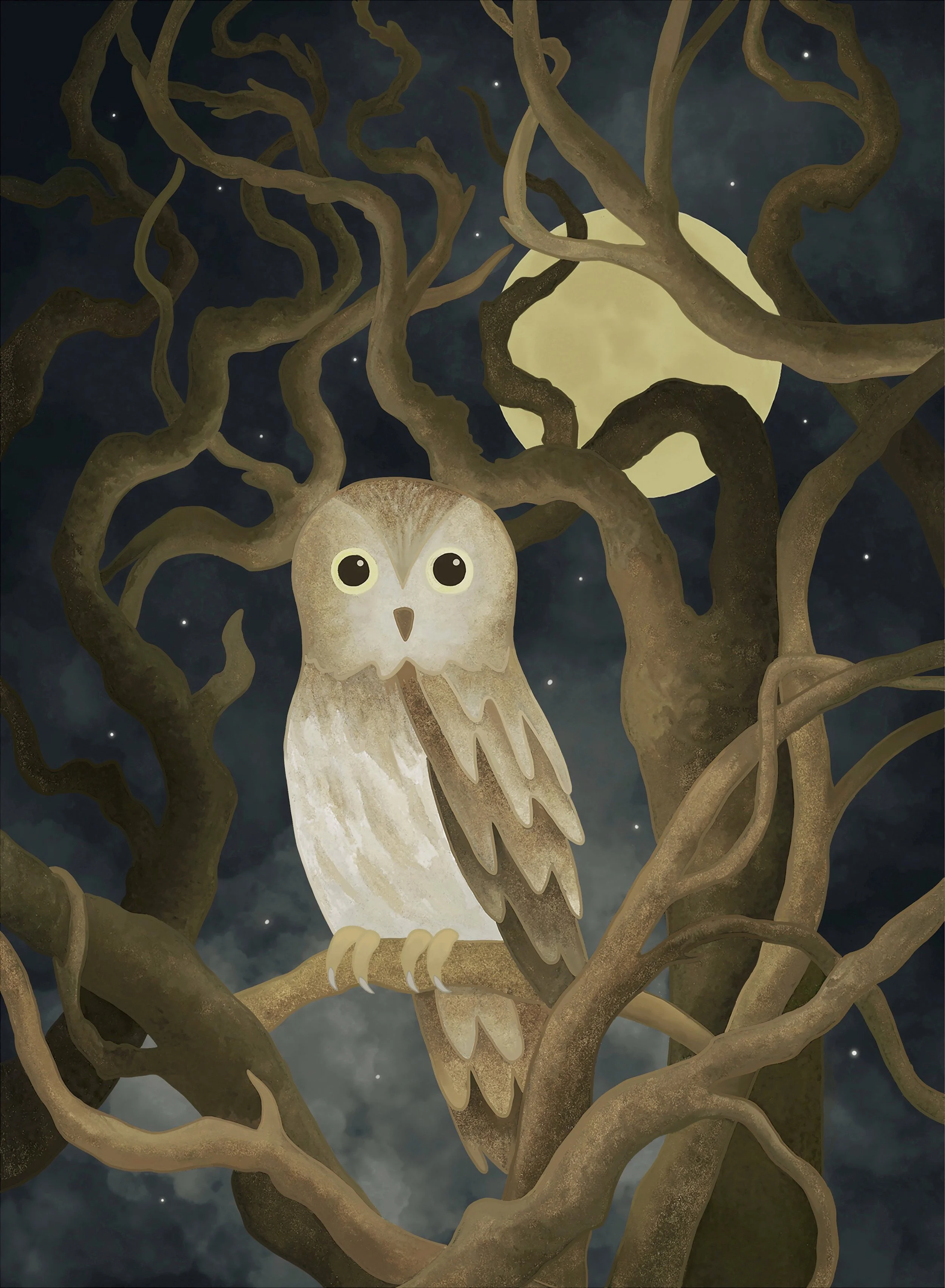 An illustration of a little owl or Athena noctua perched among the twisting branches of a tree against a night sky with glowing stars and a bright full moon.