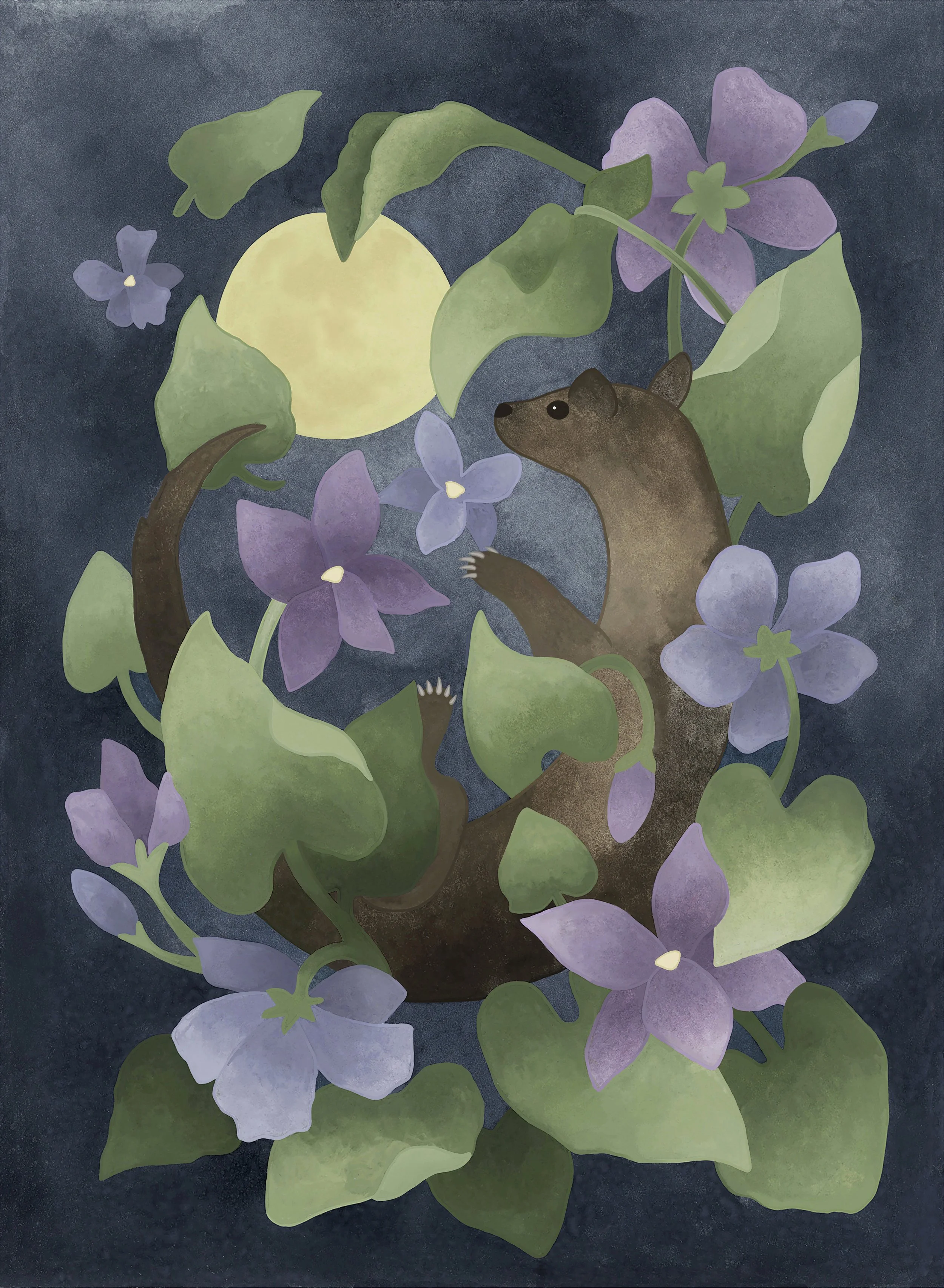 A gouache painting of a pine marten among purple violet  flowers with green leaves, featuring a large yellow moon in the background that is both water and sky. 
