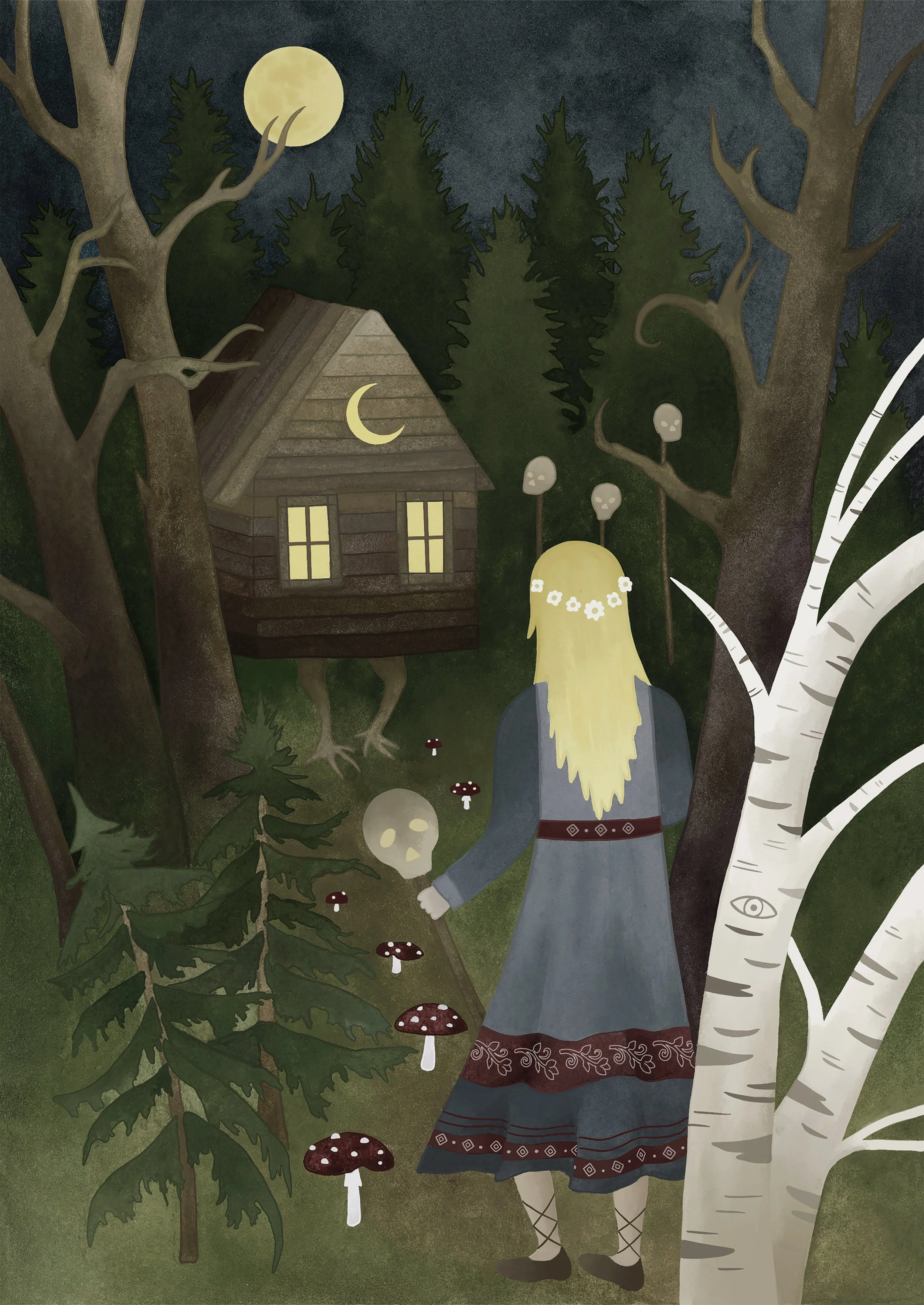 An illustration depicts a girl with long blonde hair, wearing a traditional dress, standing in a forest at night with the full moon shining. She is facing away towards a small wooden house on stilts with glowing windows, surrounded by trees with larg