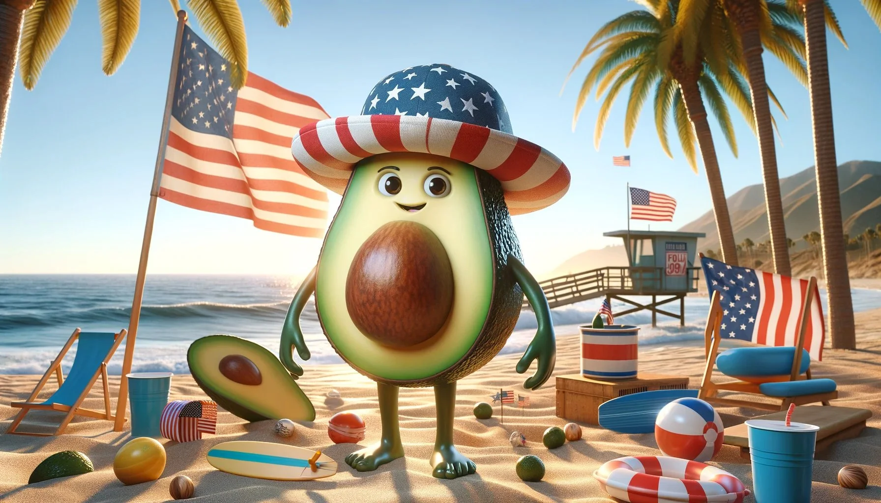 This is a whimsical and colorful image that depicts an anthropomorphized avocado at a sunny beach setting, imbued with American patriotic elements. The avocado character has arms and legs, a friendly face on the pit, and wears a hat styled like the A