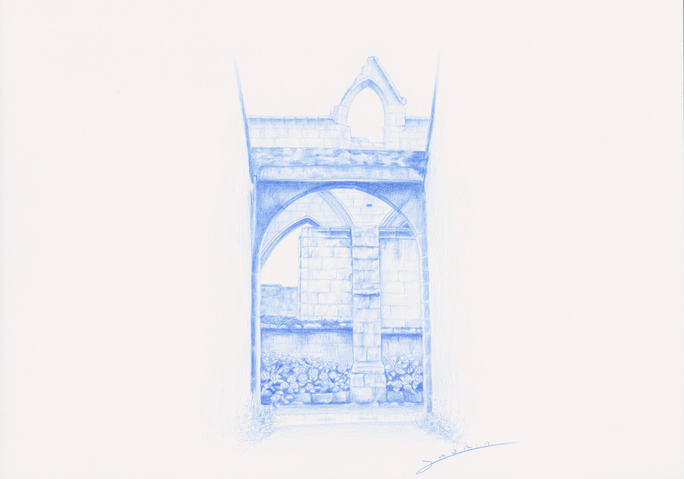Le portail du prieuré - Crayon bleu 21X29,7 - 2015