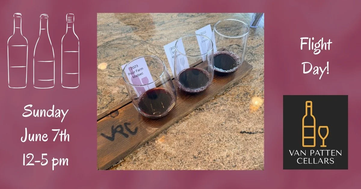 🍷 Flight Day is Back! 🍷
Join us on Sunday, June 7th from 12&ndash;5 PM for a wine flight at Van Patten Cellars!

Create your own custom wine flight with three 2-ounce pours. Choose your favorite VPC wines, revisit a classic, or discover one of our 