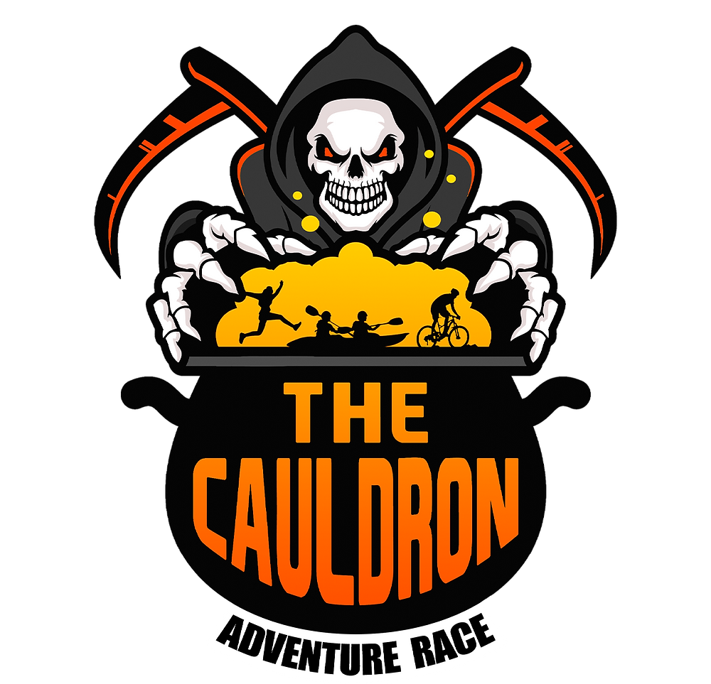 'The Cauldron Adventure Race' logo. Warrior Adventure Racing. A logo featuring a skeleton with a skull face, wearing a hood, holding a treasure chest. Inside the chest, there are silhouettes of people kayaking, paddleboarding, and cycling against a y