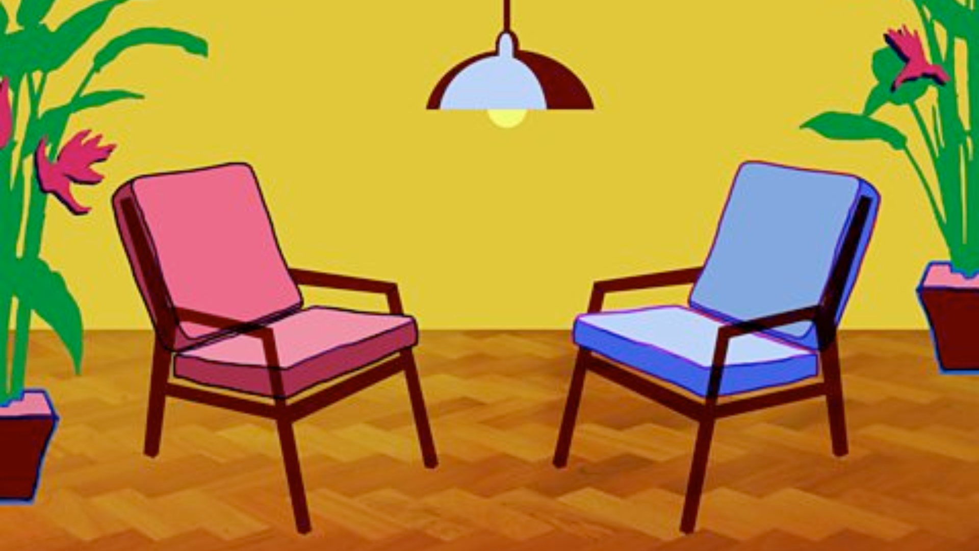 Illustration of two colorful chairs facing each other with a lamp above, surrounded by potted plants on a wooden floor.