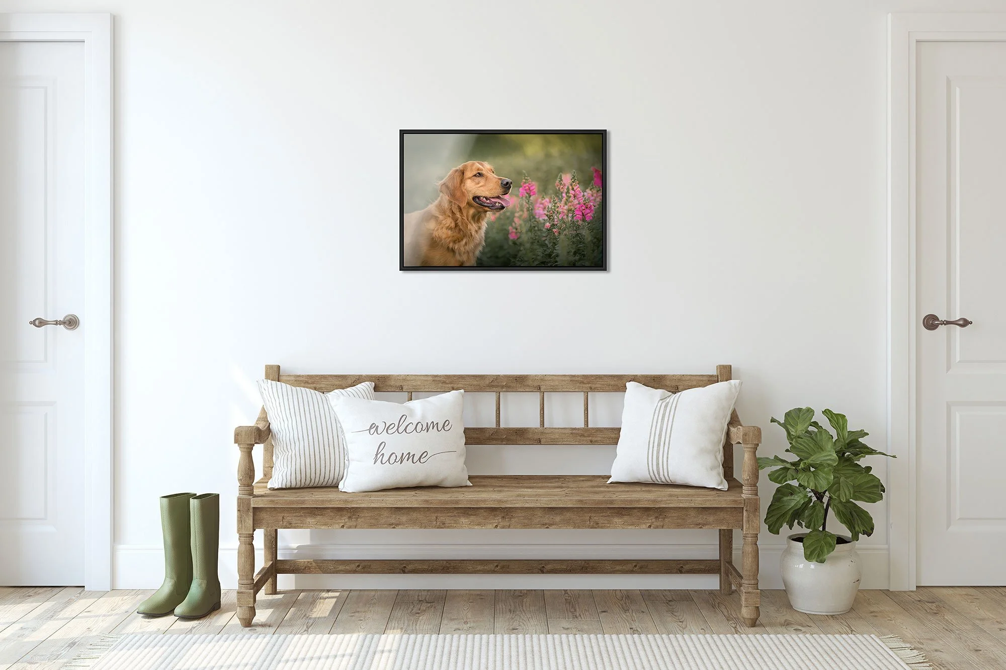 Farm house entryway with photo of golden retriever in a flower garden.