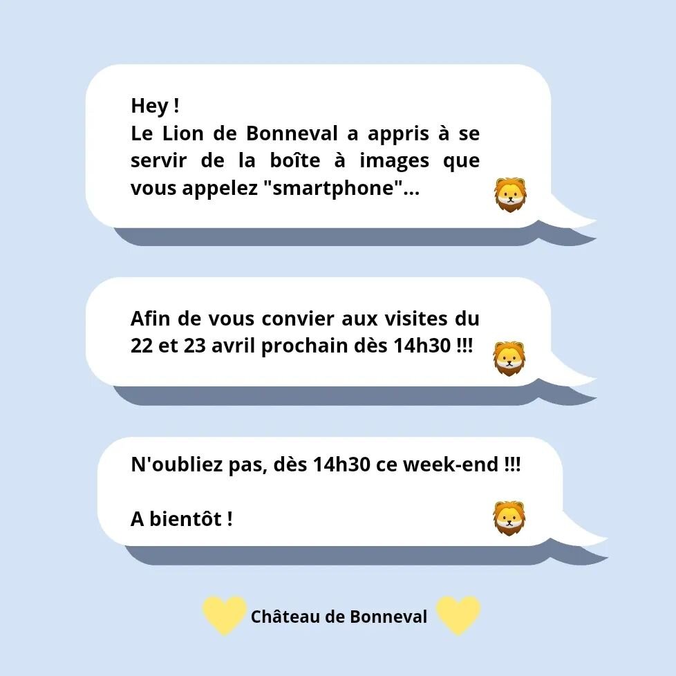 🇫🇷 That says it all!!! The Lion de Bonneval invites you to spend your weekend in his company at the @chateaudebonneval from April 22 to 23 🥰

Will you be joining us?

🇬🇧 Everything is said!!! The Lion de Bonneval invites you to come over f