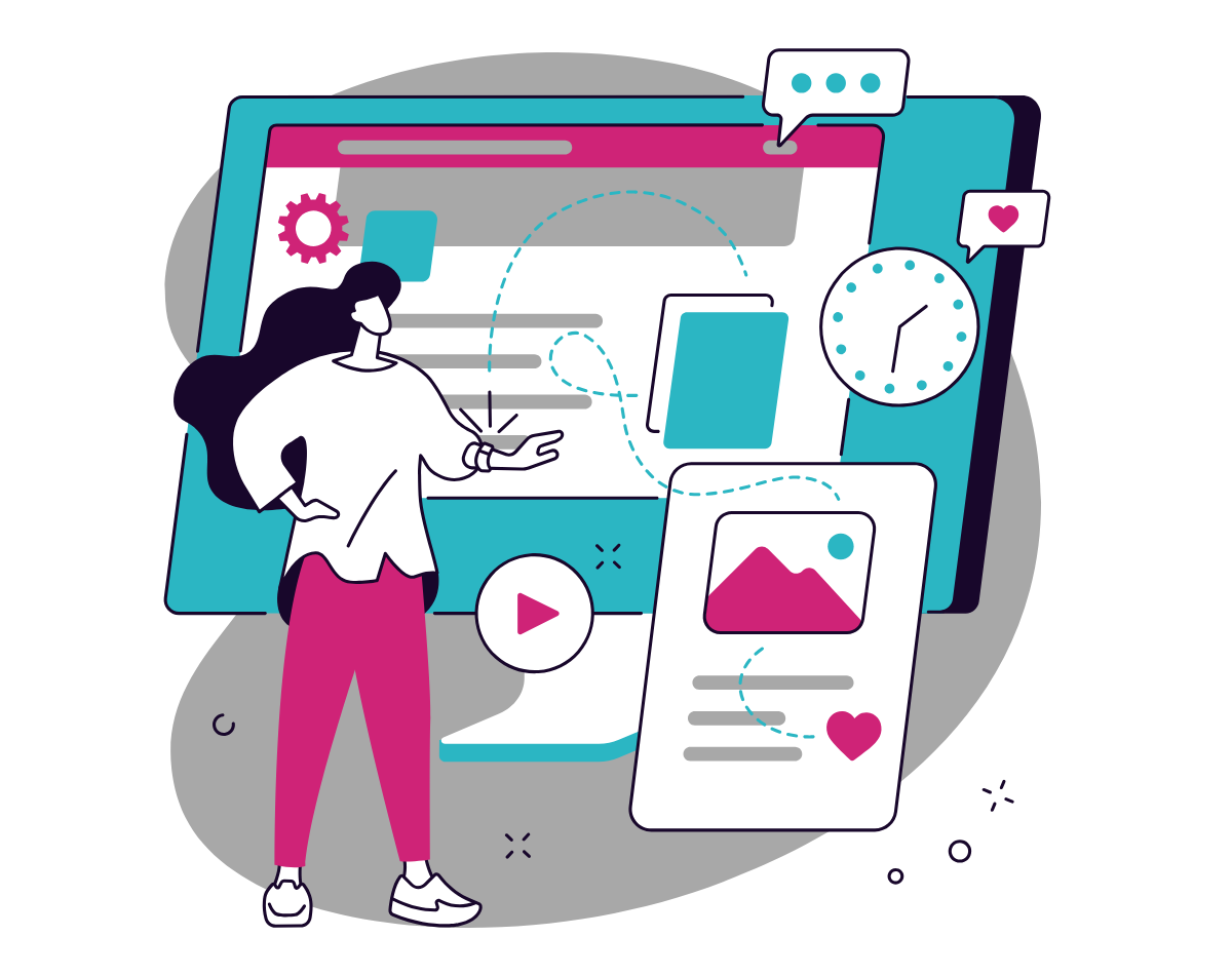 A woman interacts with digital devices like smartphones and a large tablet displaying icons, a clock, and messaging elements, representing social media or digital communication.