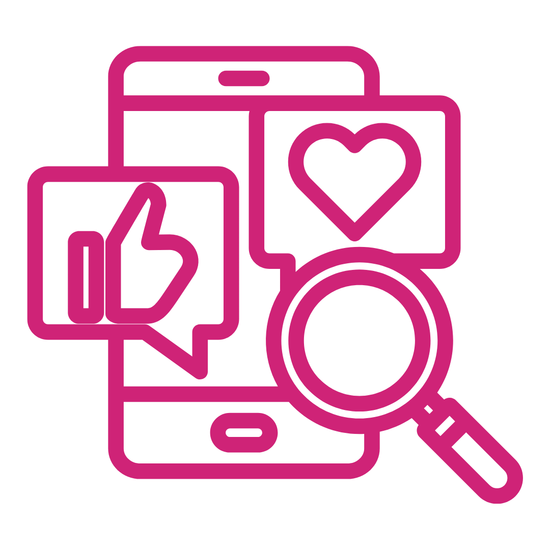 Outline of a smartphone with social media icons, a heart, a thumbs-up, and a magnifying glass.