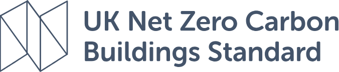 UK Net Zero Carbon Buildings Standard logo with geometric design and bold text