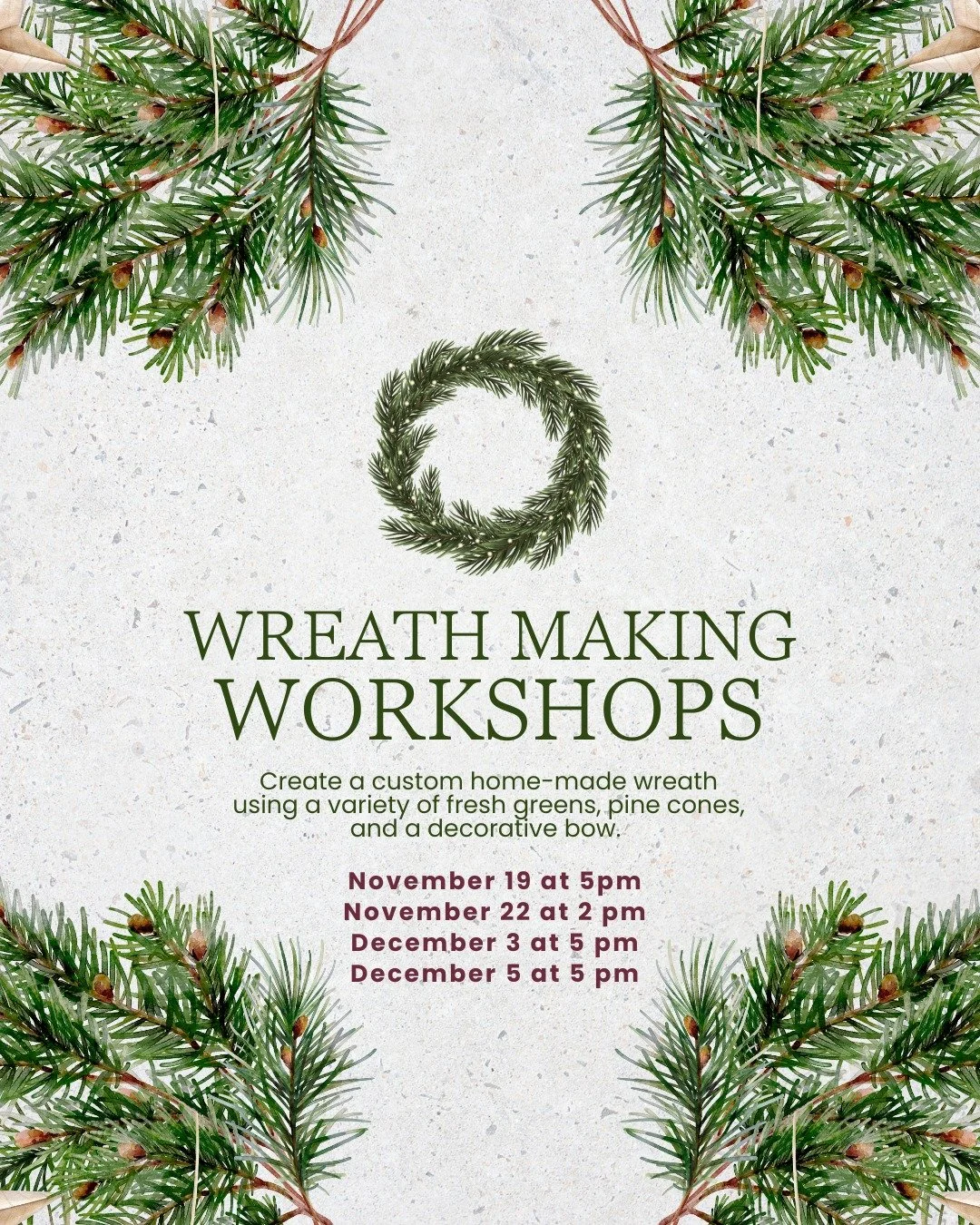 Save the Dates! There's a chill in the air and we can feel the holiday season approaching! This season, we're offering two of our favorite DIY holiday workshops: The Wreath Making Workshop and a Christmas Table Basket Workshop. Tag a friend and mark
