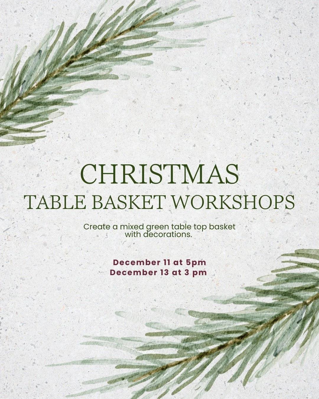 Does the snow have you feeling festive? Sign up for our Christmas Table Basket Workshops for a DIY holiday experience! Invite a friend, bring along a fun seasonal drink, and we'll supply the rest so you can create a beautiful decoration custom made f