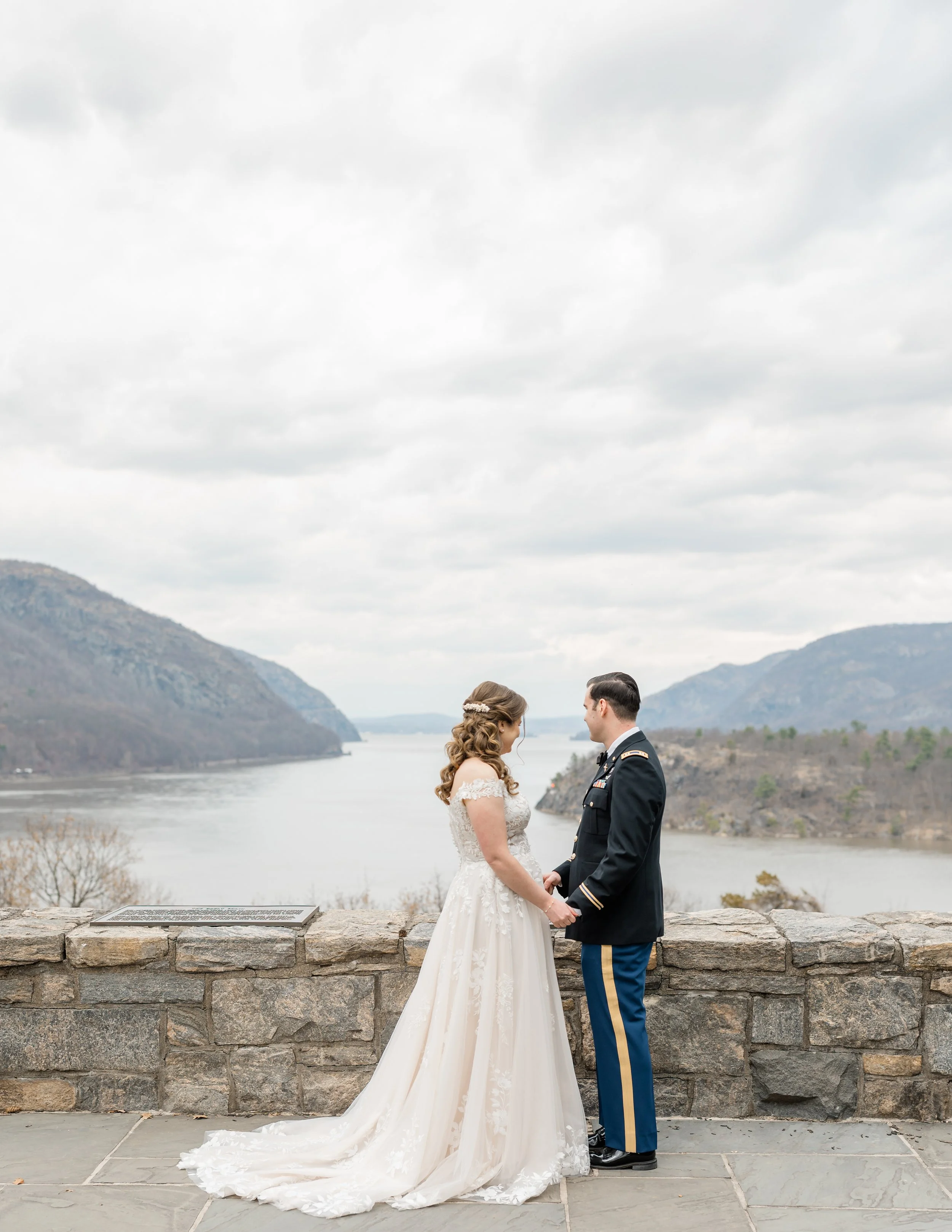 West Point wedding first look at Trophy Point overlooking the Hudson River
