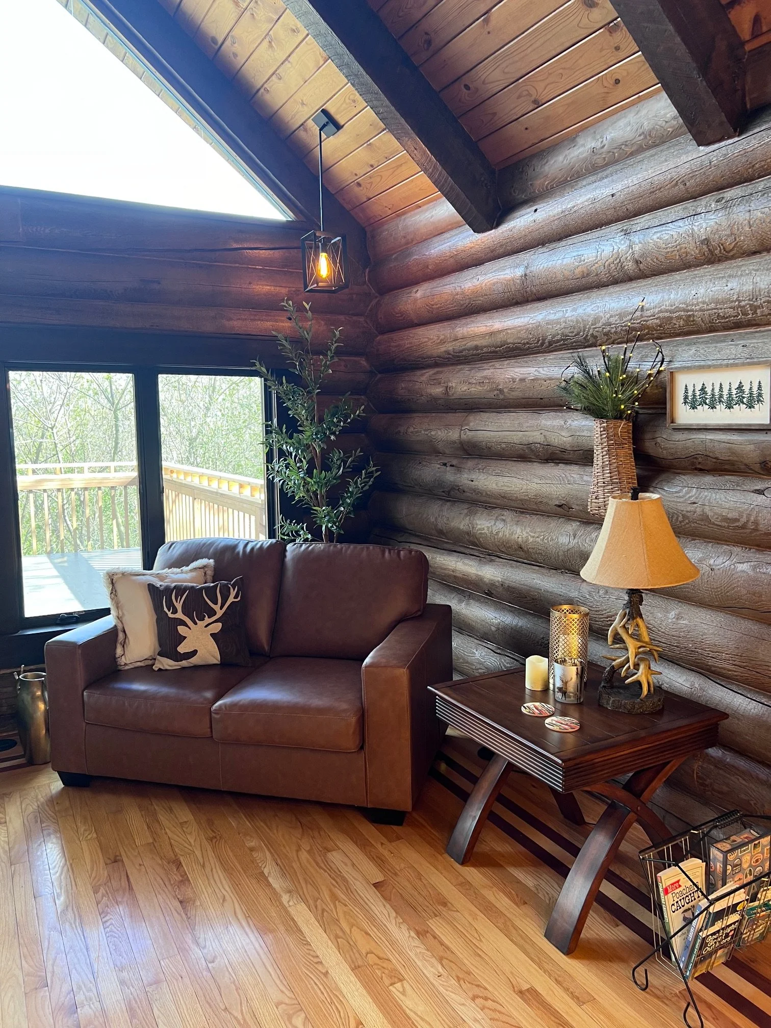 Living room corner with wooden logs on the wall, corner window with natural light, brown leather sofa with pillow, side table with decorative items, lamp with antler base, and a magazine rack.