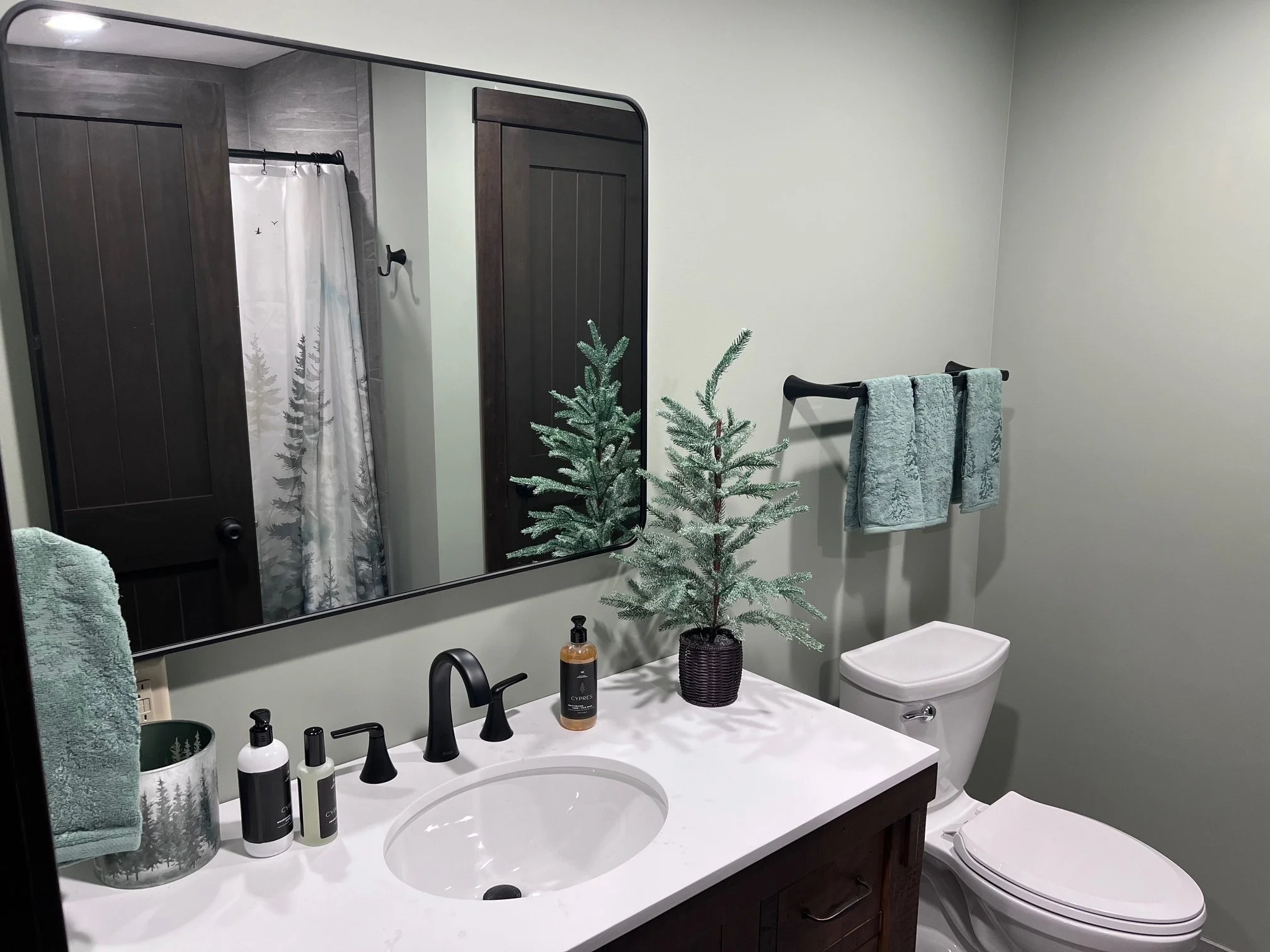 A bathroom with a white vanity and sink, decorative soap and lotion bottles, a round mirror, a small potted artificial Christmas tree, towels on a black towel rack, a toiletries container with trees design, and a toilet. There is a mirror on the wall