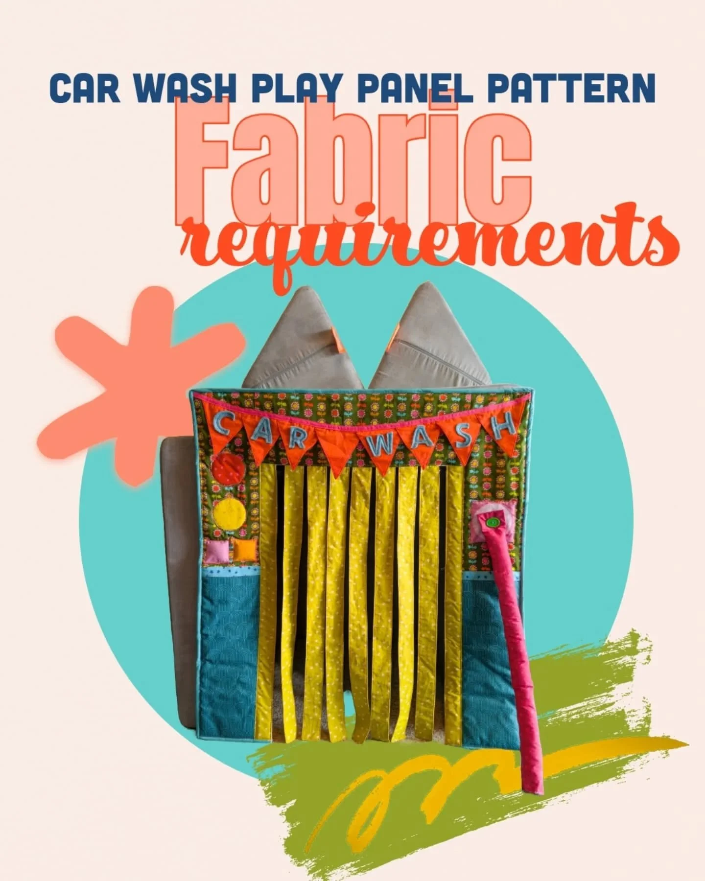 The Car Wash Play Panel is super customizable, scrap friendly, can be made with various materials, and is made to withstand the rough tugs and pulls of play! Check out the fabric and material requirements needed to make your very own Car Wash Play Pa