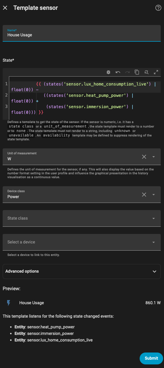 Template Sensor house consumption calculation